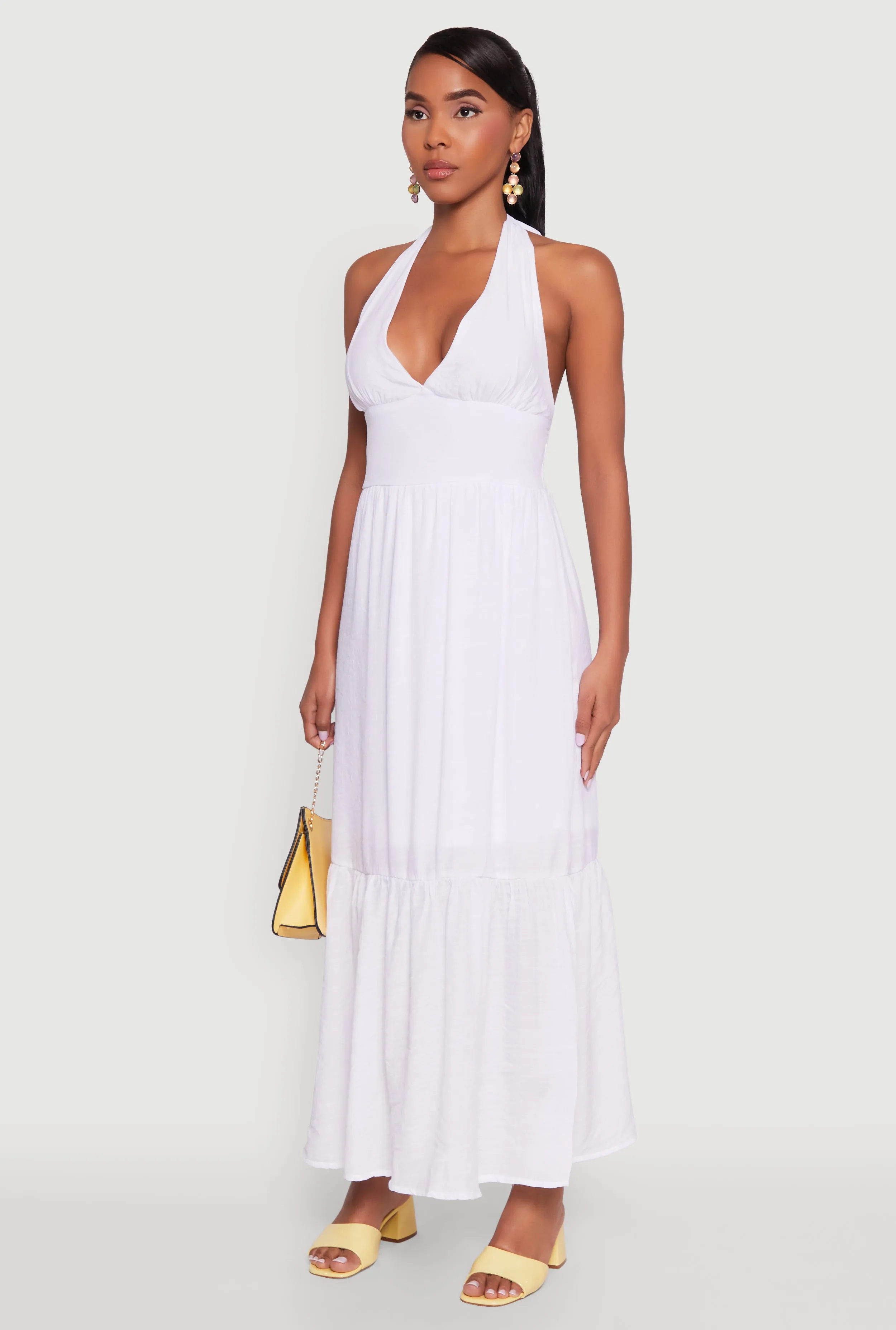 Elegant Gauze Knit Halter Neck Tiered Dress Classic sleeveless floor dress The flattering design of this dress ensures it enhances your shape while providing comfort
