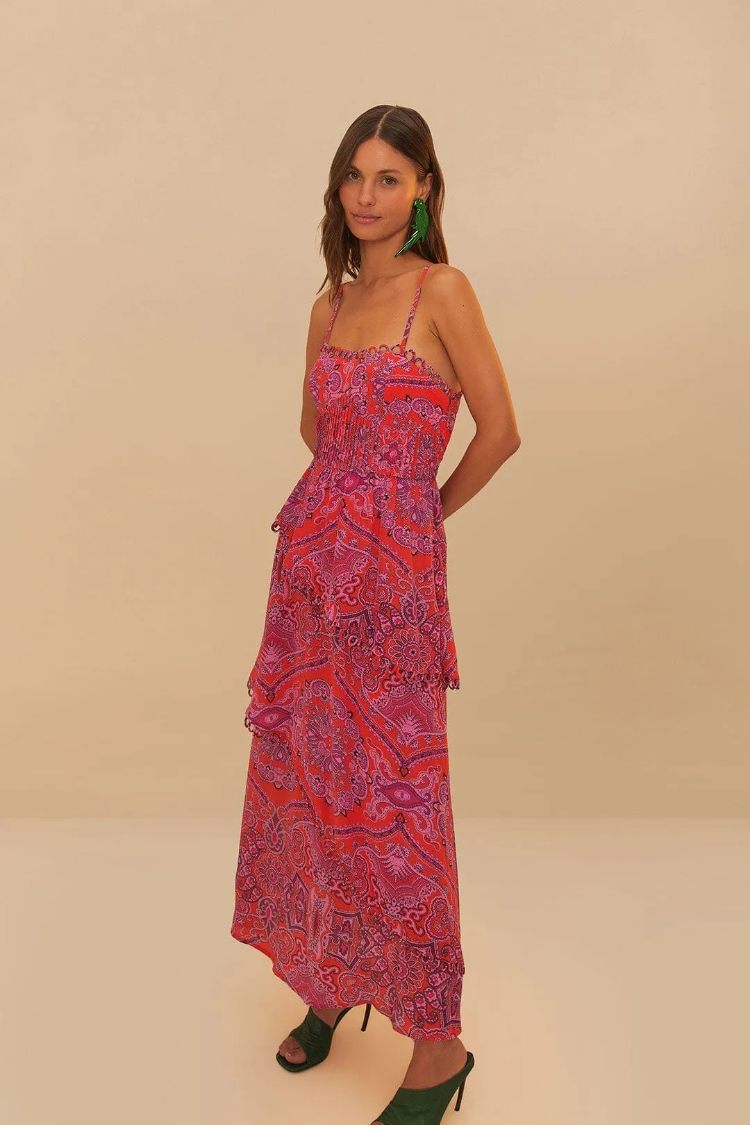 Orchard Walk Red Paisley Scarf Loopy Trim Maxi Dress
