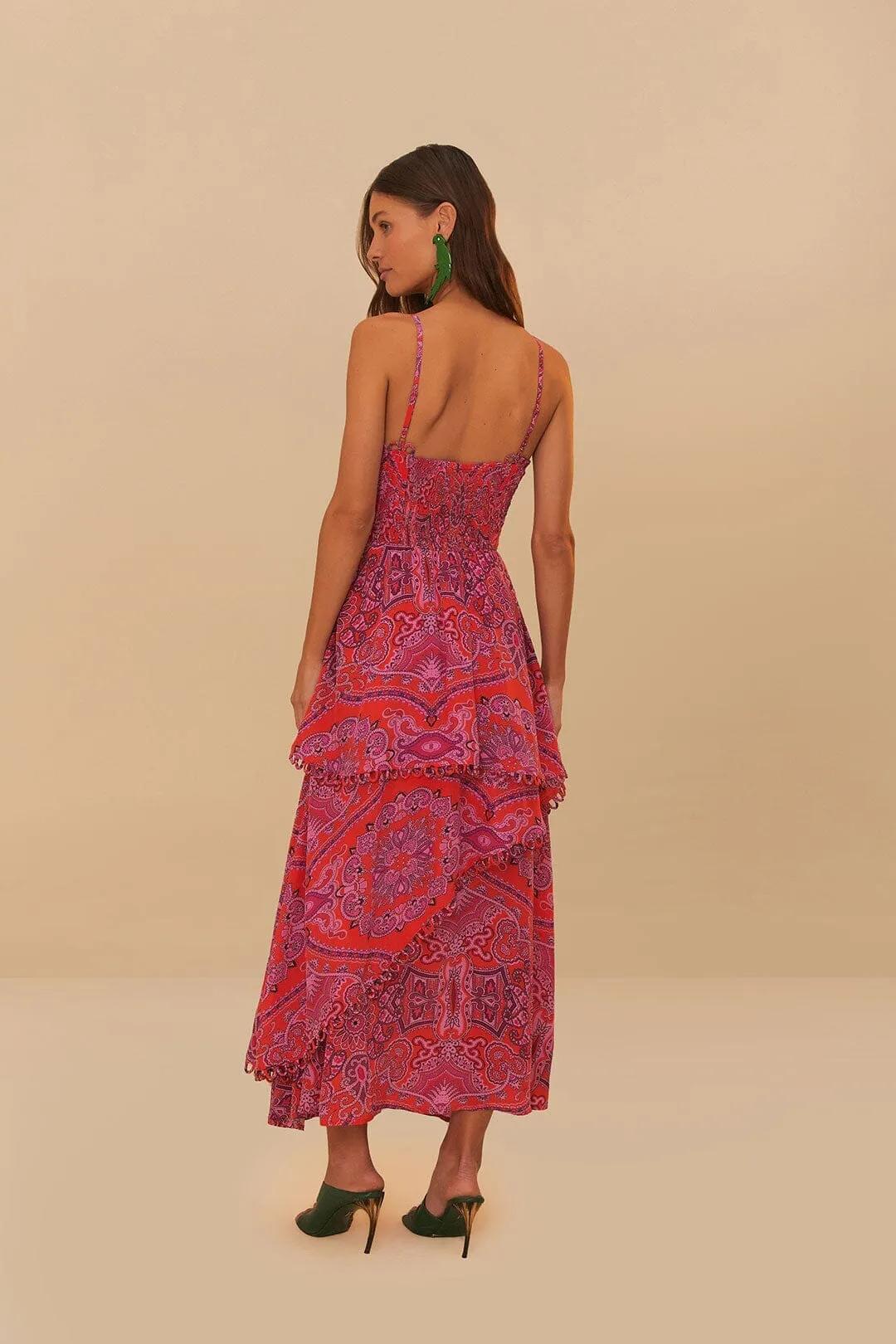 Red Paisley Scarf Loopy Trim Maxi Dress Loose Fit