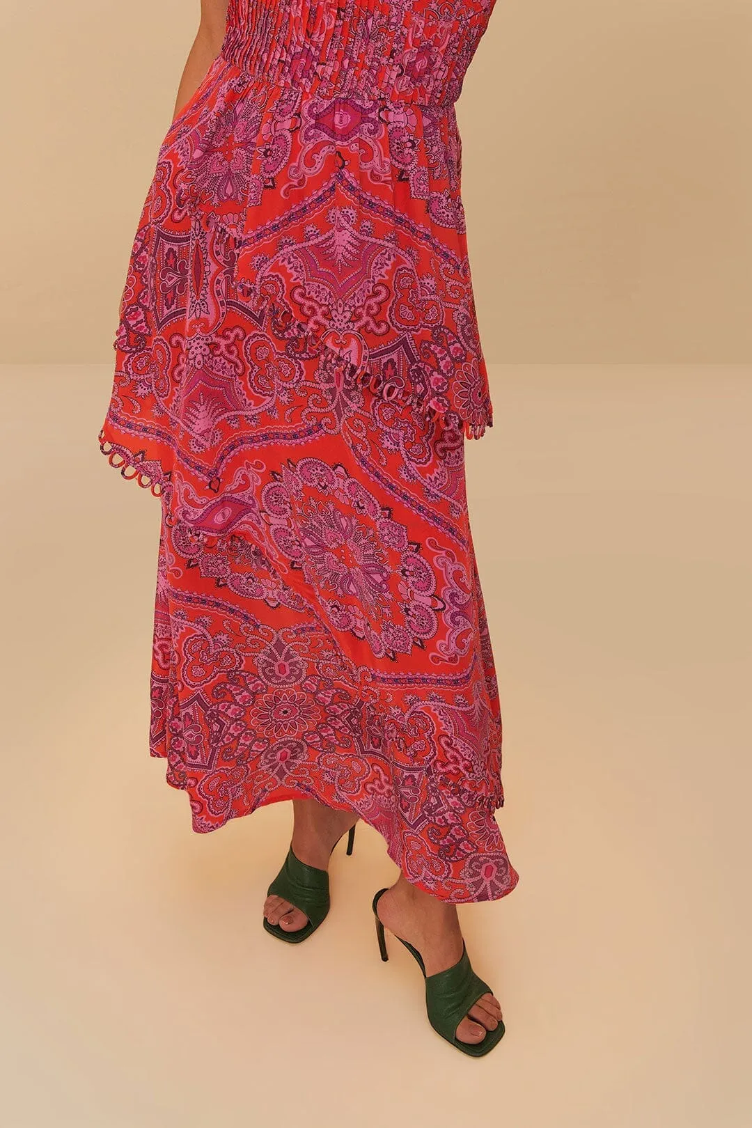 Red Paisley Scarf Loopy Trim Maxi Dress Cap Sleeve