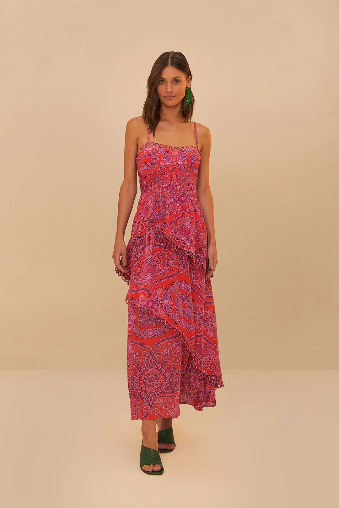 Red Paisley Scarf Loopy Trim Maxi Dress Garden Lane