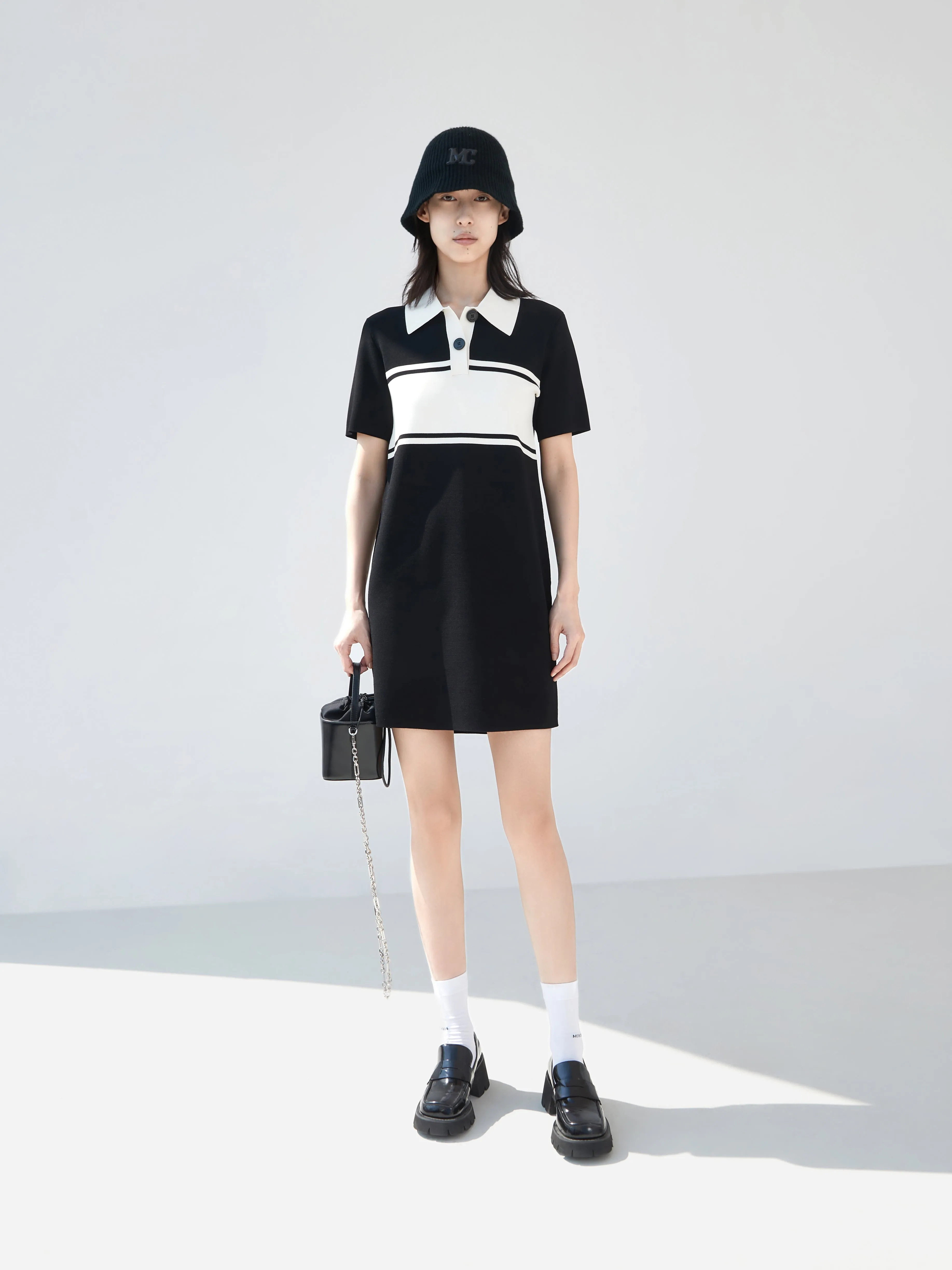 Hypoallergenic fabric Polo Collar Contrast Mini Dress