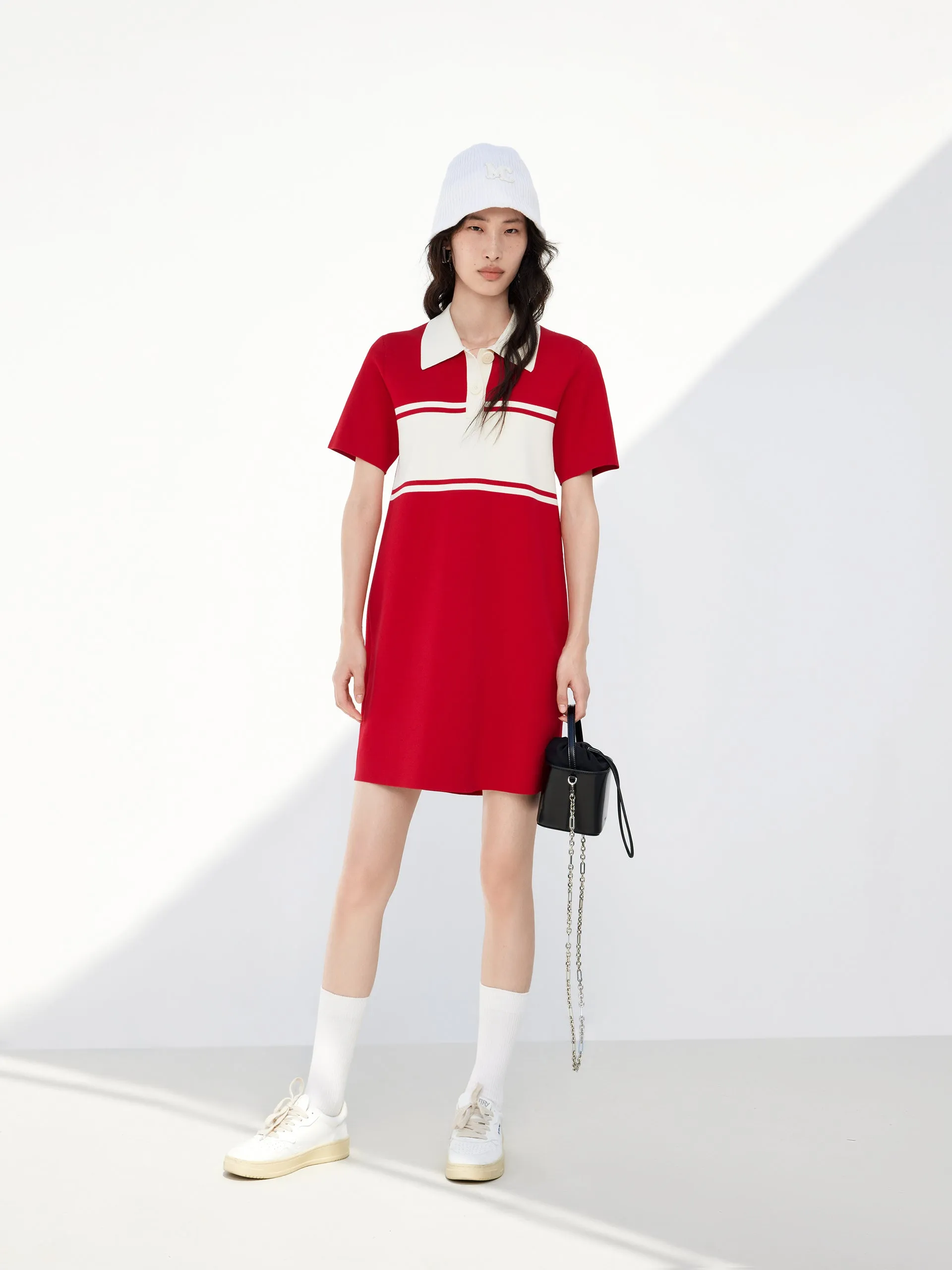 Bohemian Look Beat Light Polo Collar Contrast Mini Dress