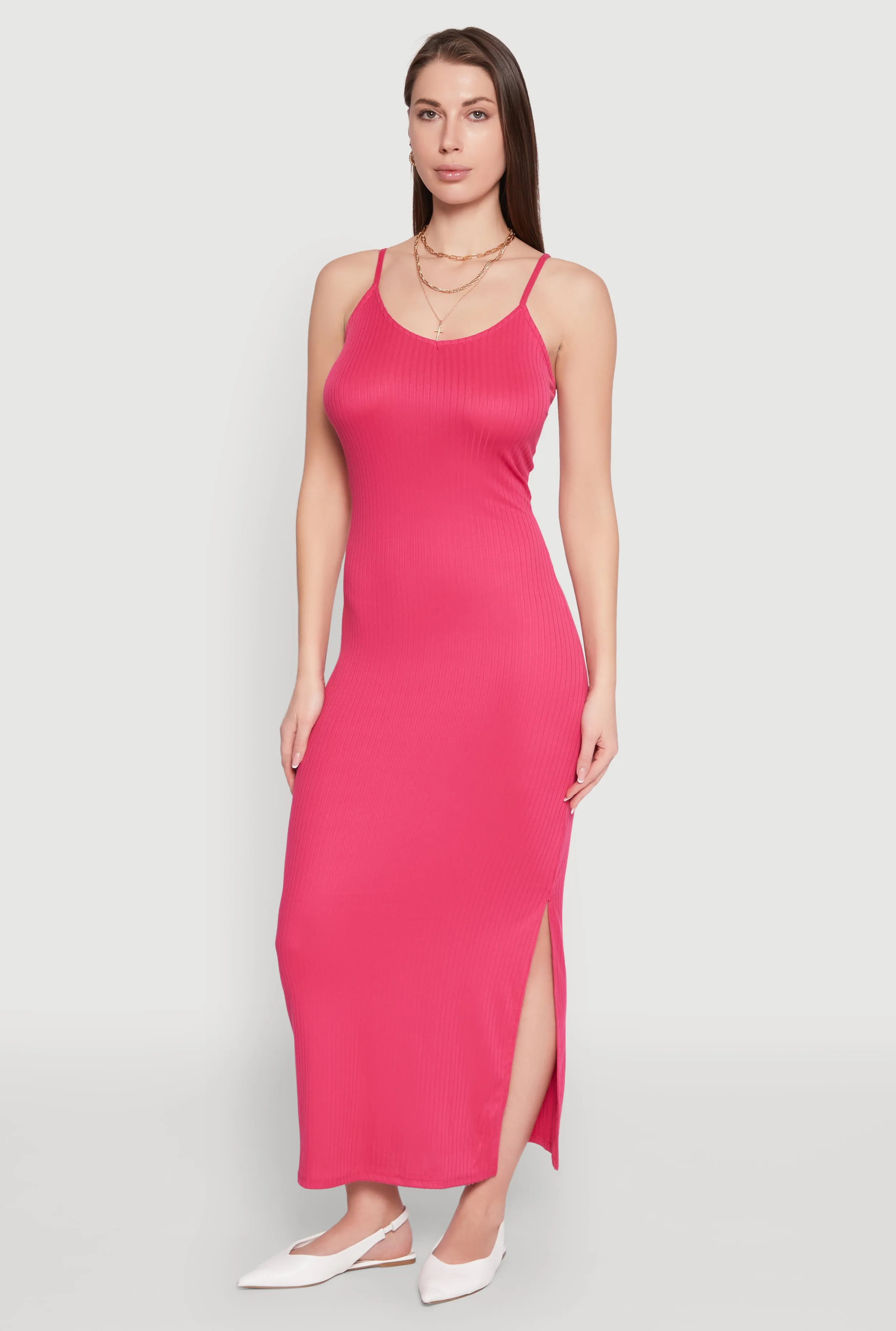 Ivory Shine Side Slit V Neck Maxi Dress