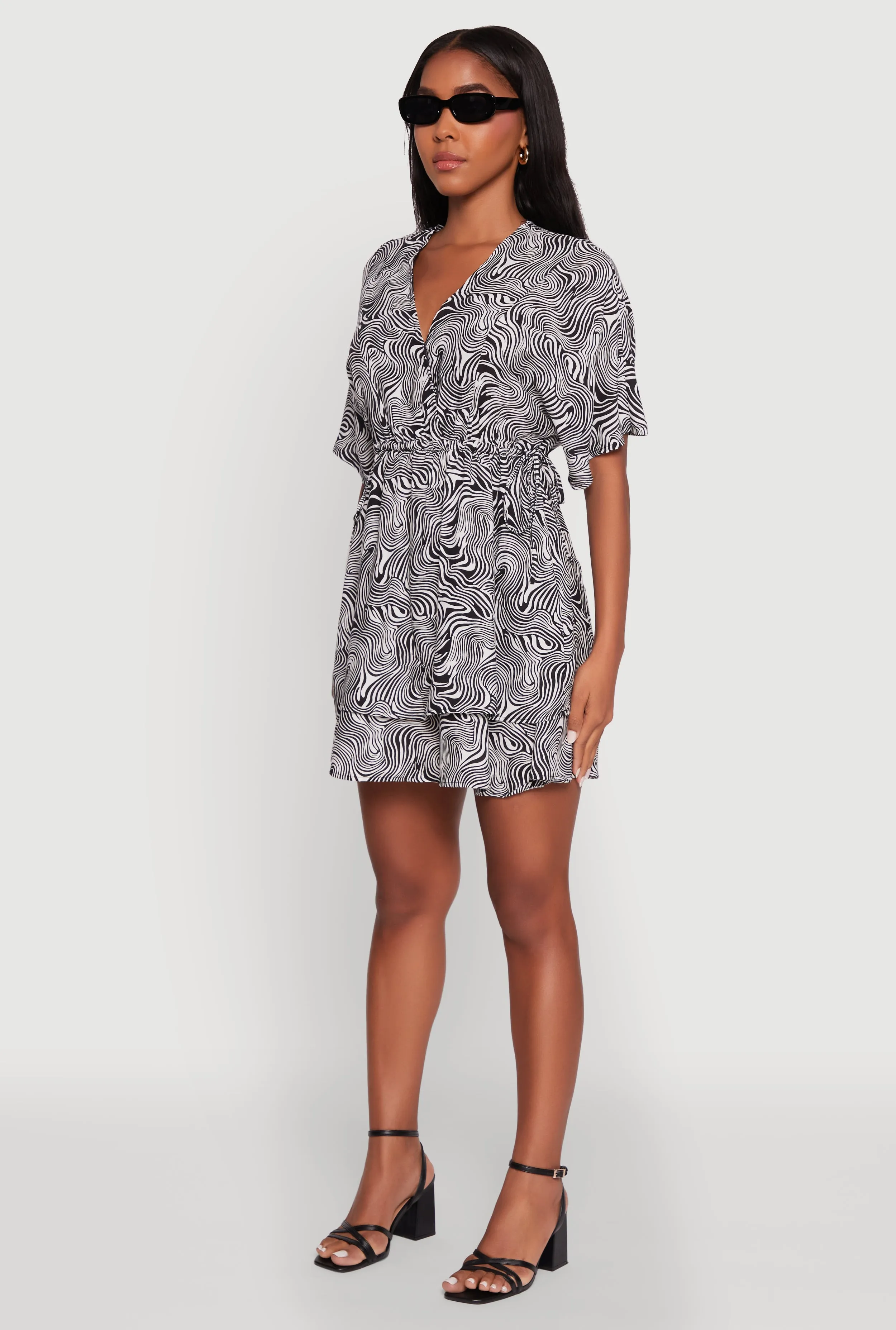 Hidden Pocket Design Trendy Psychedelic Swirl V-Neck Tiered Dress