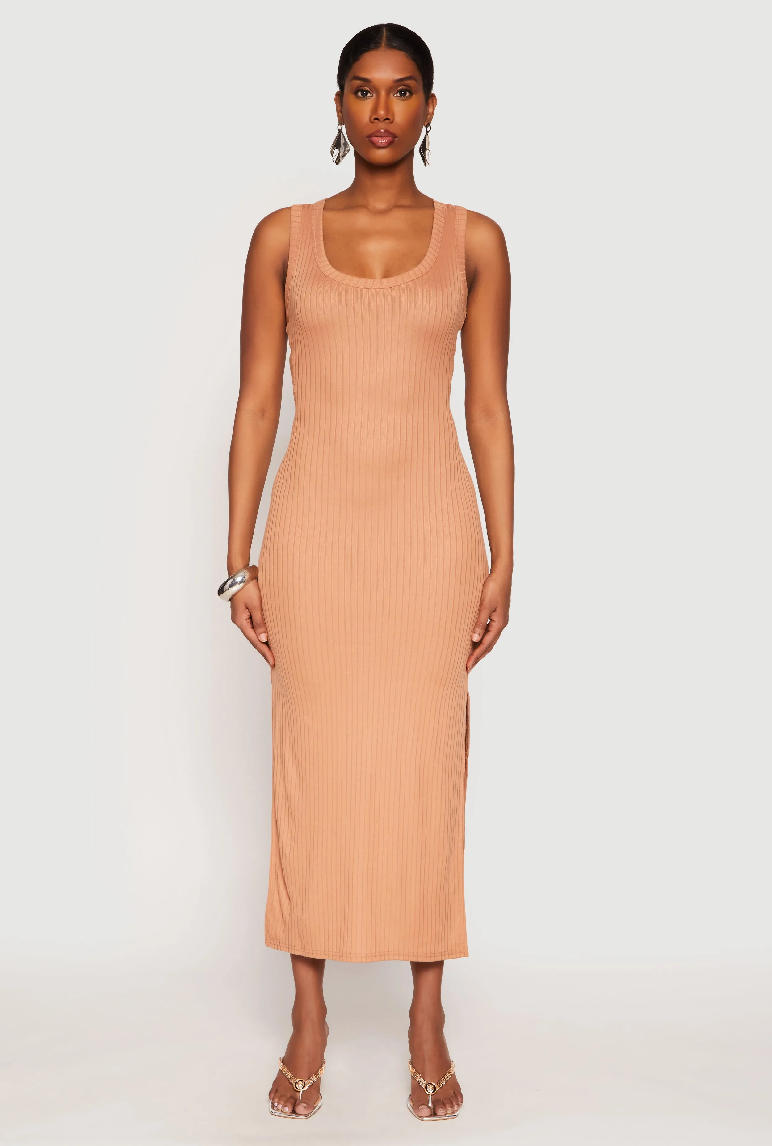 Ribbed Knit Side Slit Tank Dress Pastel Sky