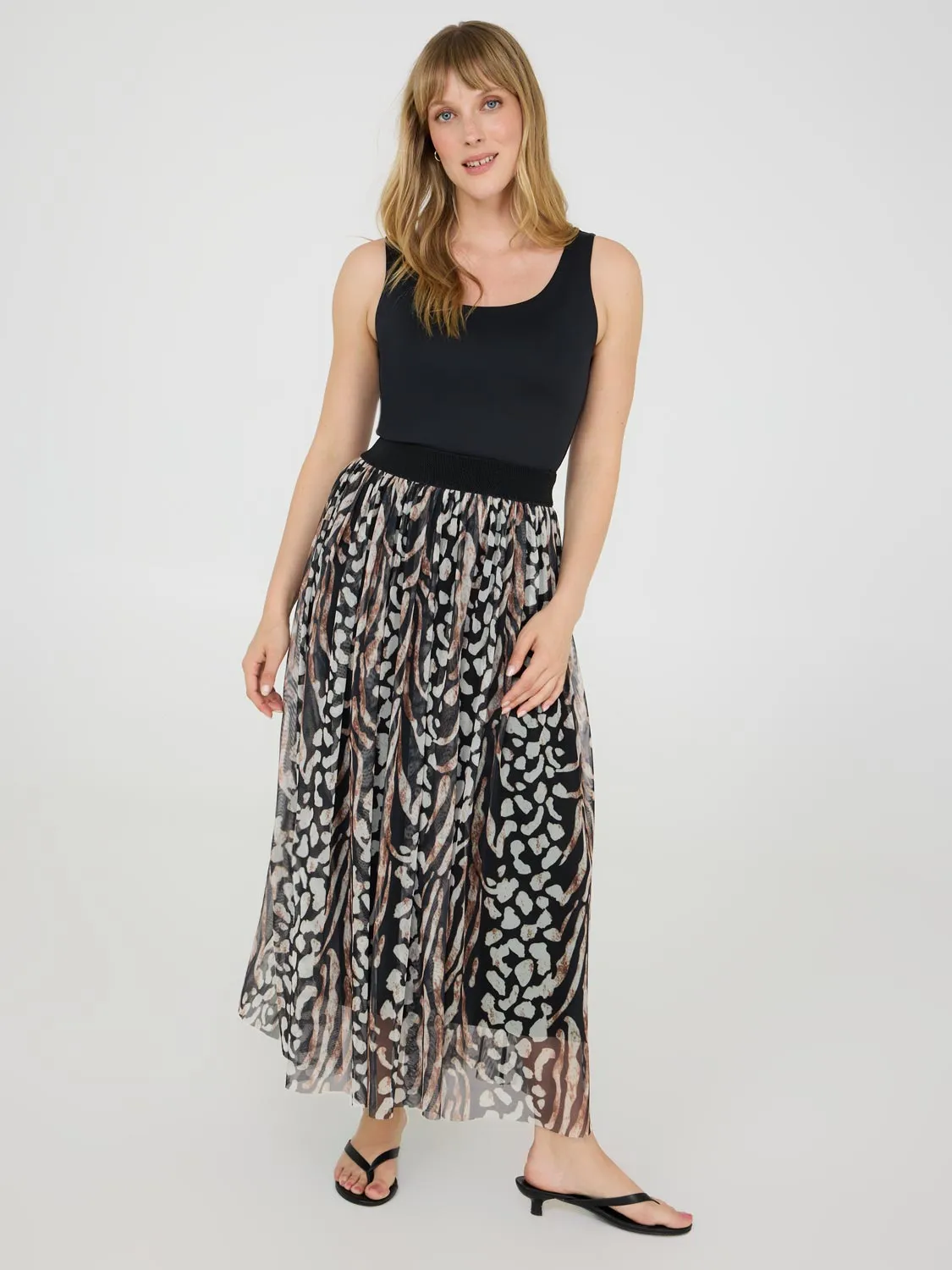 Classic Elegance Breezy Flow Animal Print Pleated Mesh Skirt