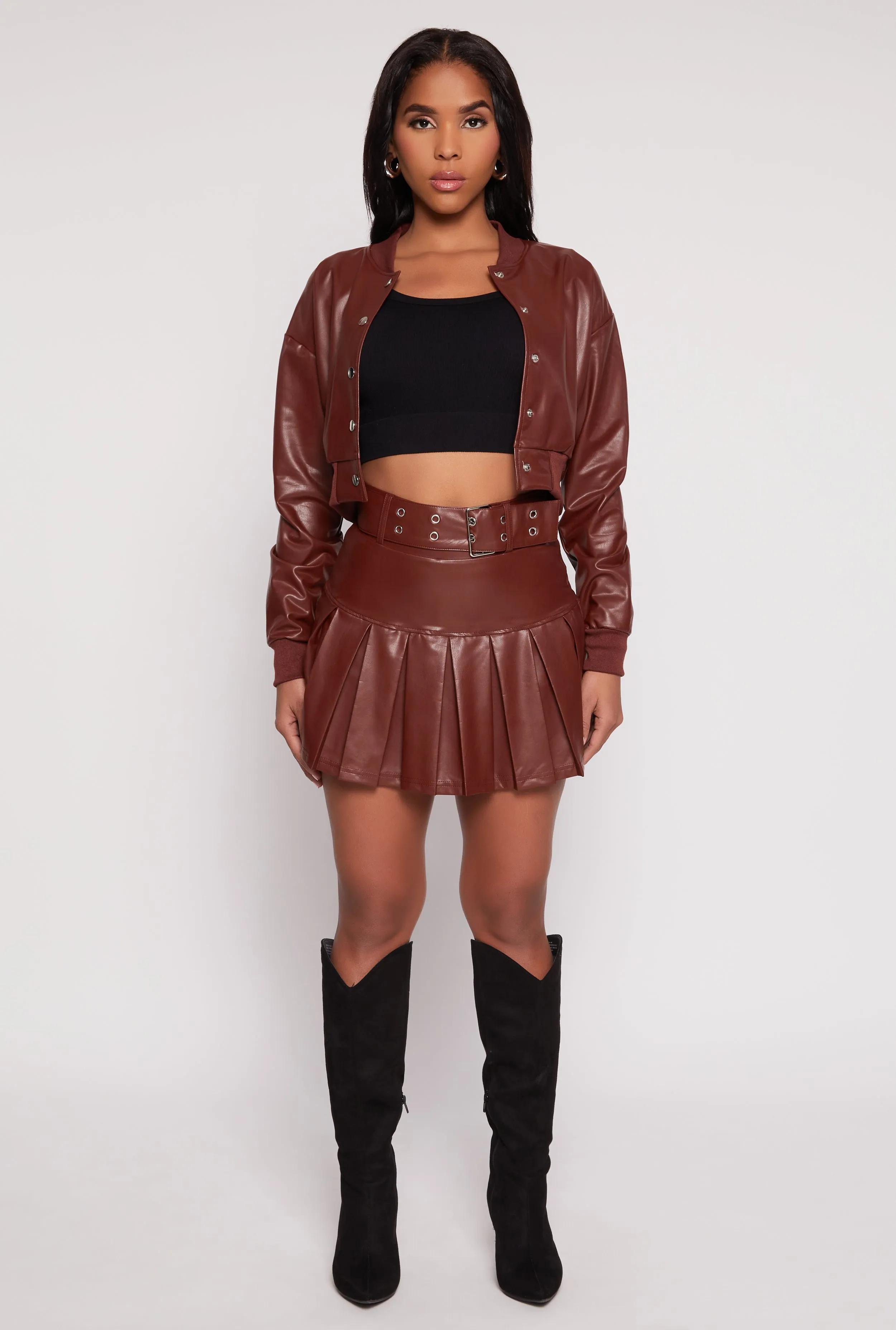 Wardrobe Classic Faux Leather Belted Pleated Skort