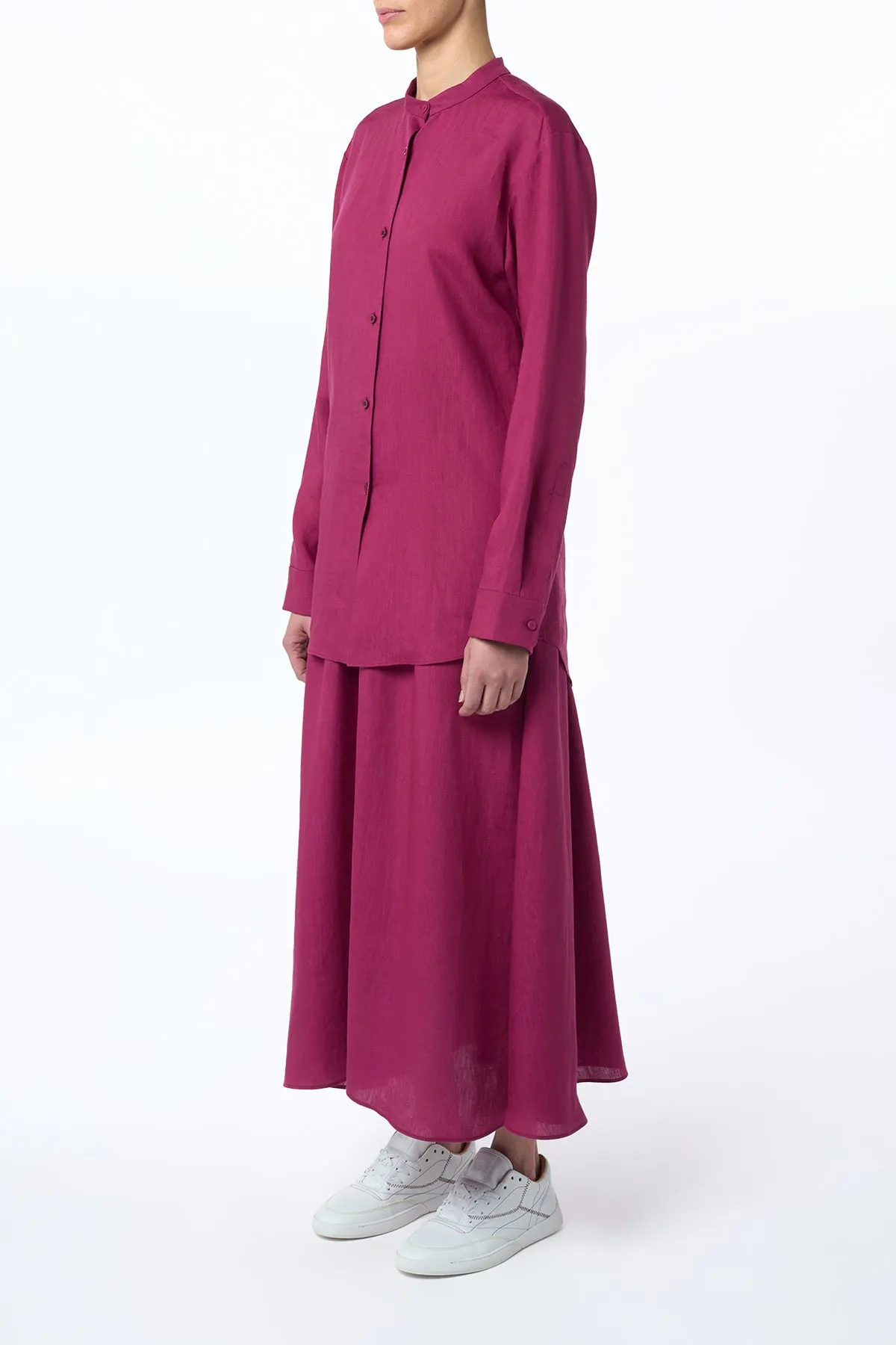 Penelope Midi Skirt in Raspberry Aloe Linen Romance Fit MoistureWicking Fabric