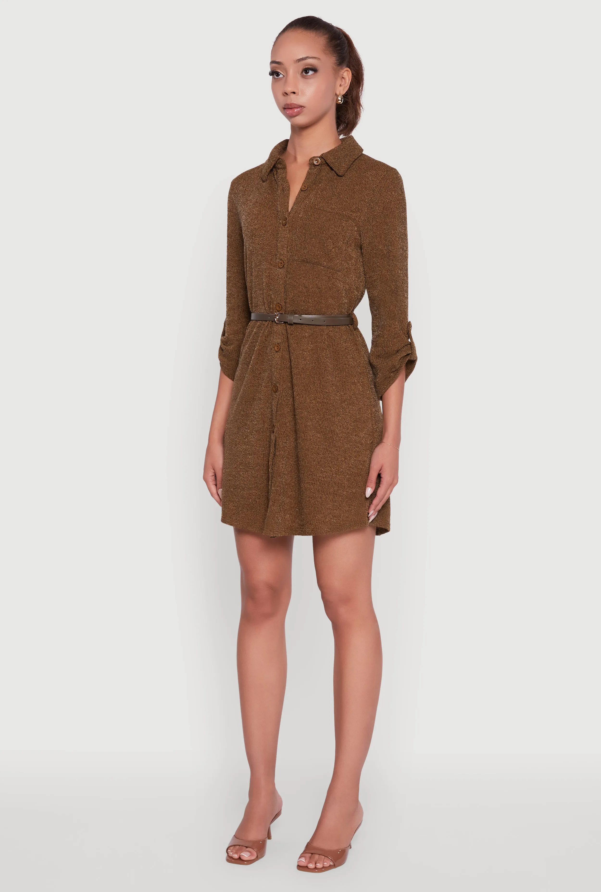 Marled Brushed Rib Knit Shirt Dress with Belt Moisture Wicking Technology