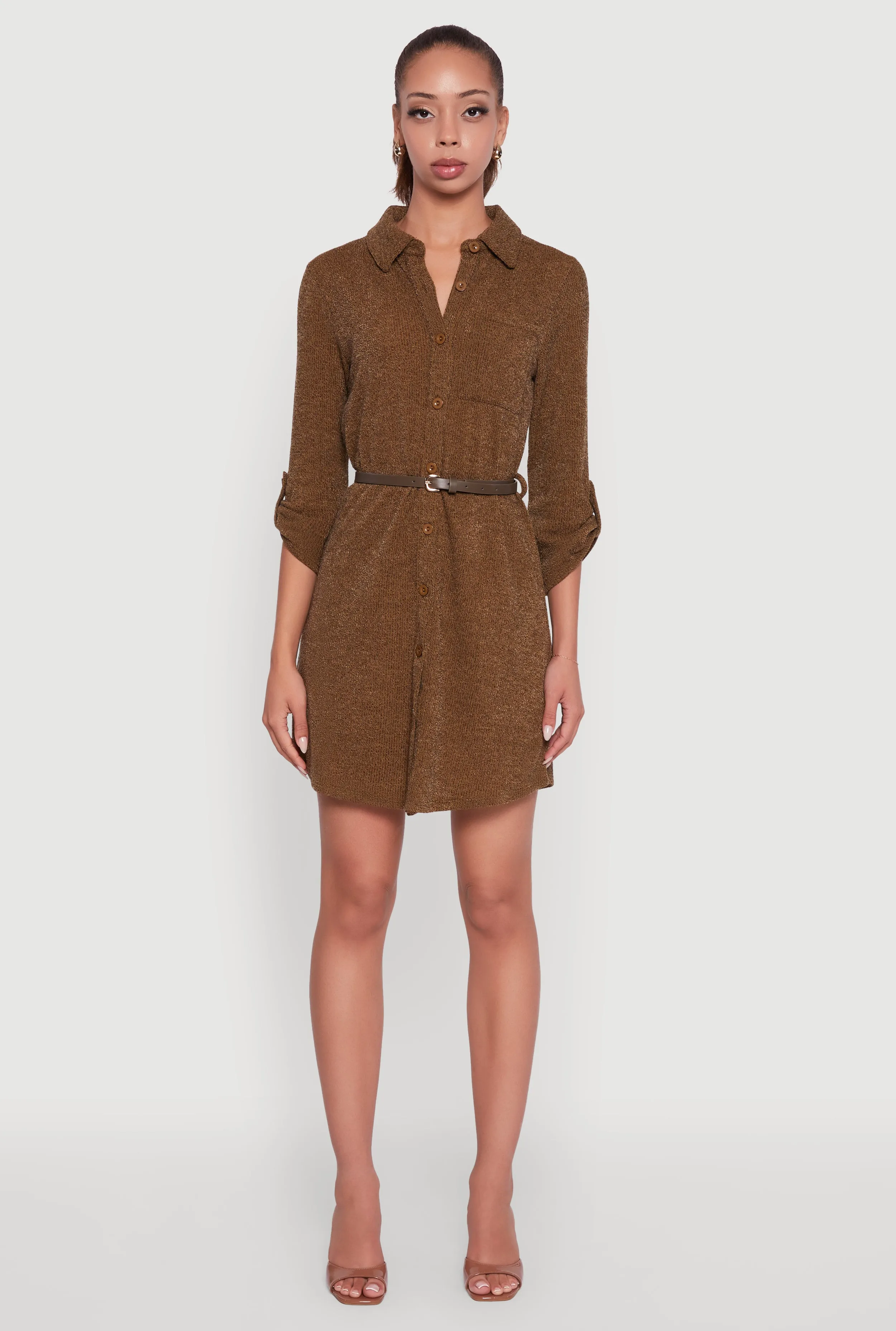 Marled Brushed Rib Knit Shirt Dress with Belt Crop Cut Playful Design