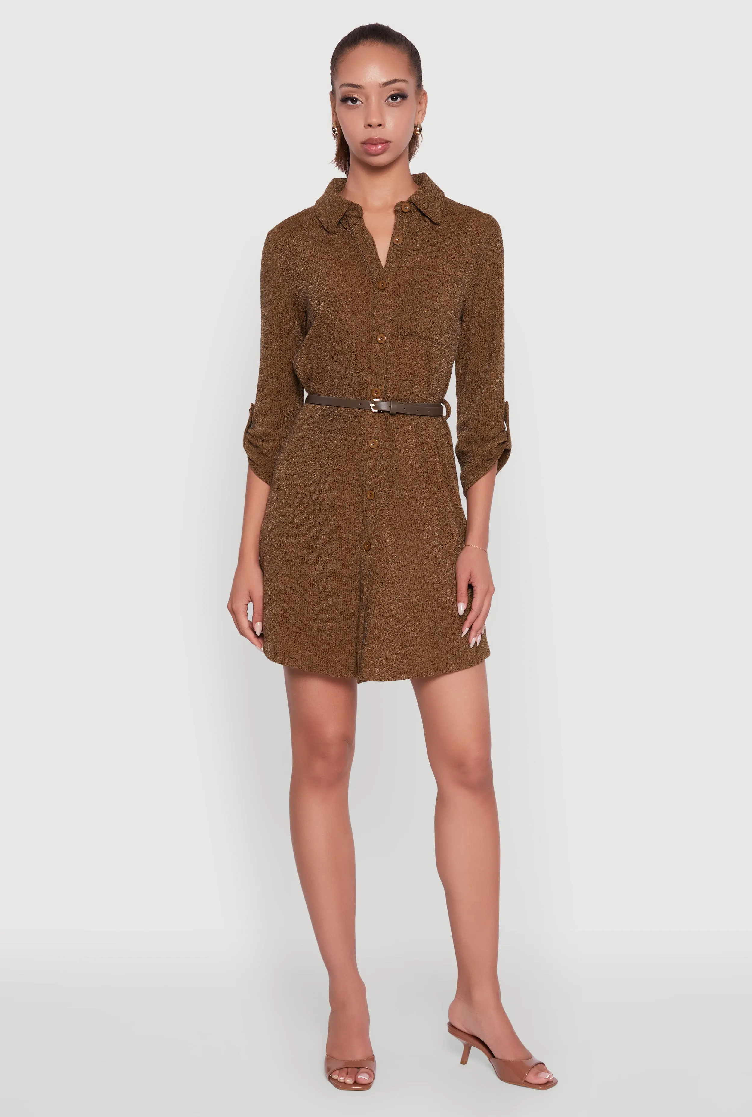 Marled Brushed Rib Knit Shirt Dress with Belt Youthful Style
