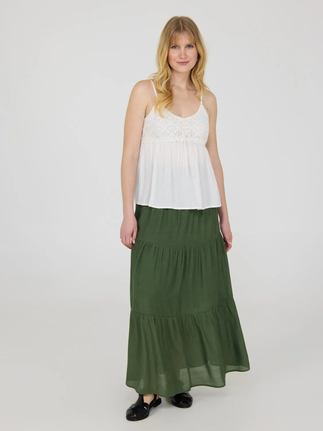 Tiered Smocked Maxi Skirt Sophisticated Mood Draped Silhouette