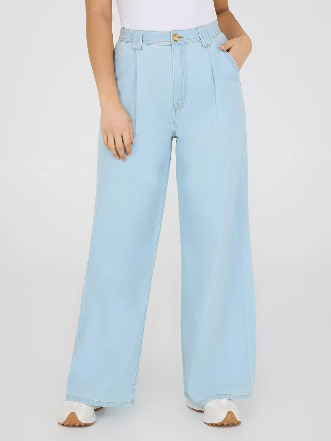Cotton Front Pleat Wide-Leg Jeans Night Out Neutral Textured