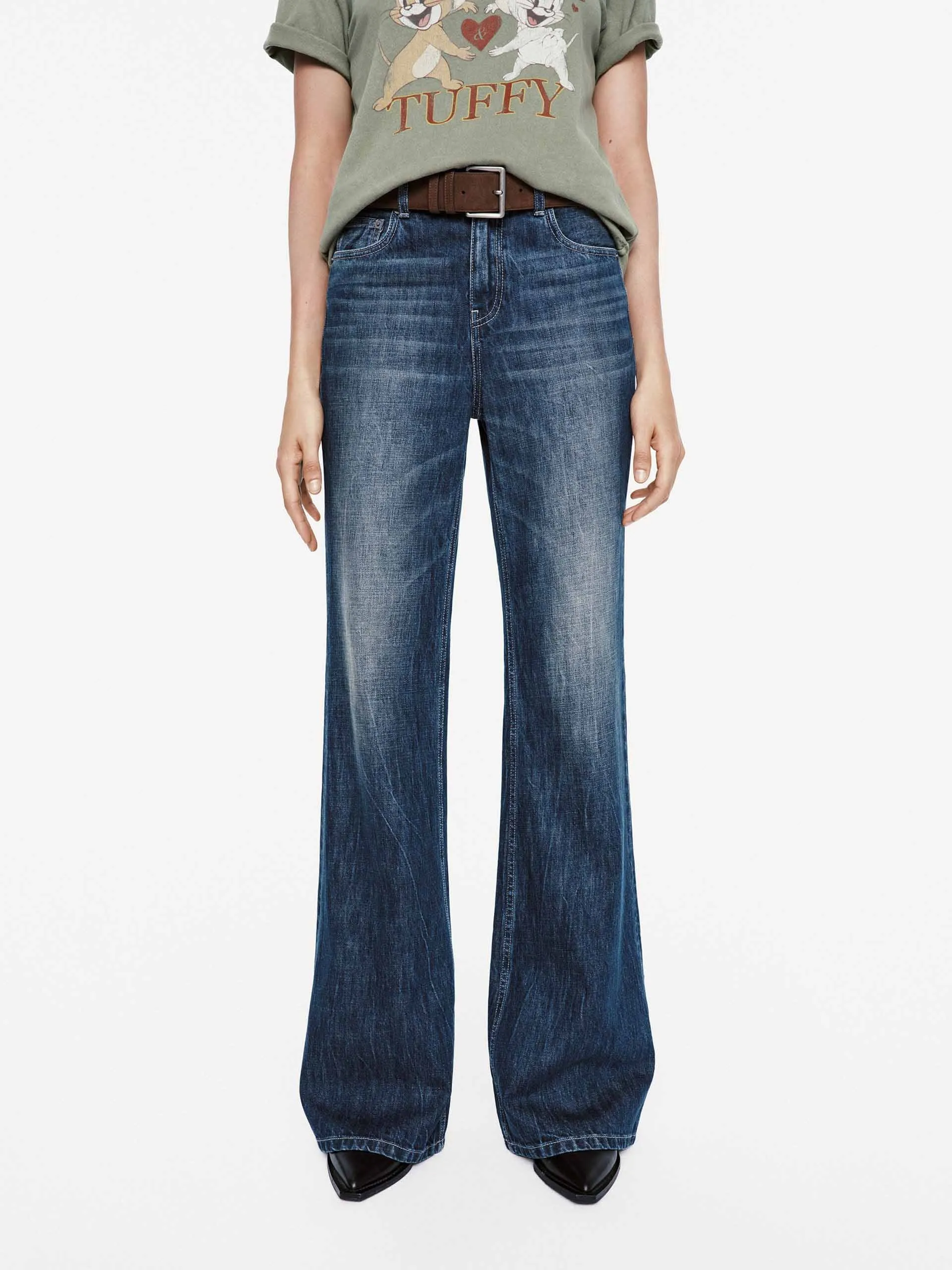 Holiday Vibes Stretch Couple Look Elegant Summer Vibes Wash Faded Flared Jeans