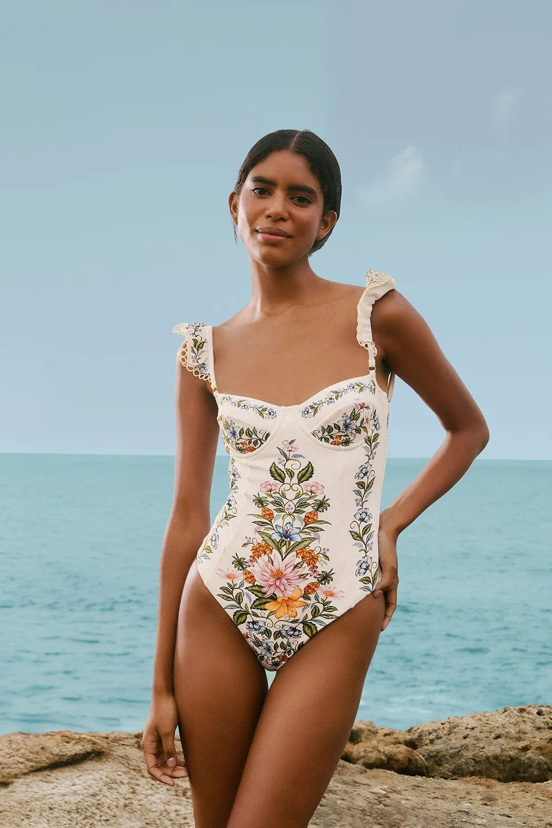 Quick Roll Packability Off-White Sweet Bloom Bouquet One-Piece Swimsuit