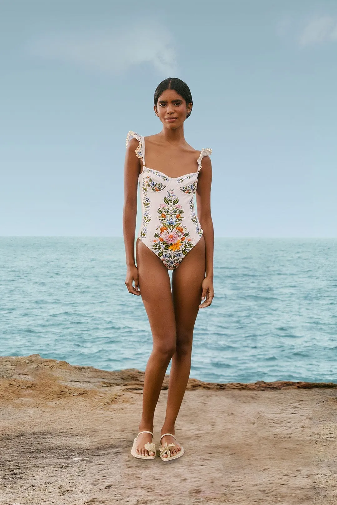Flat Lock Stitching Ultra Violet Color Retention Off-White Sweet Bloom Bouquet One-Piece Swimsuit