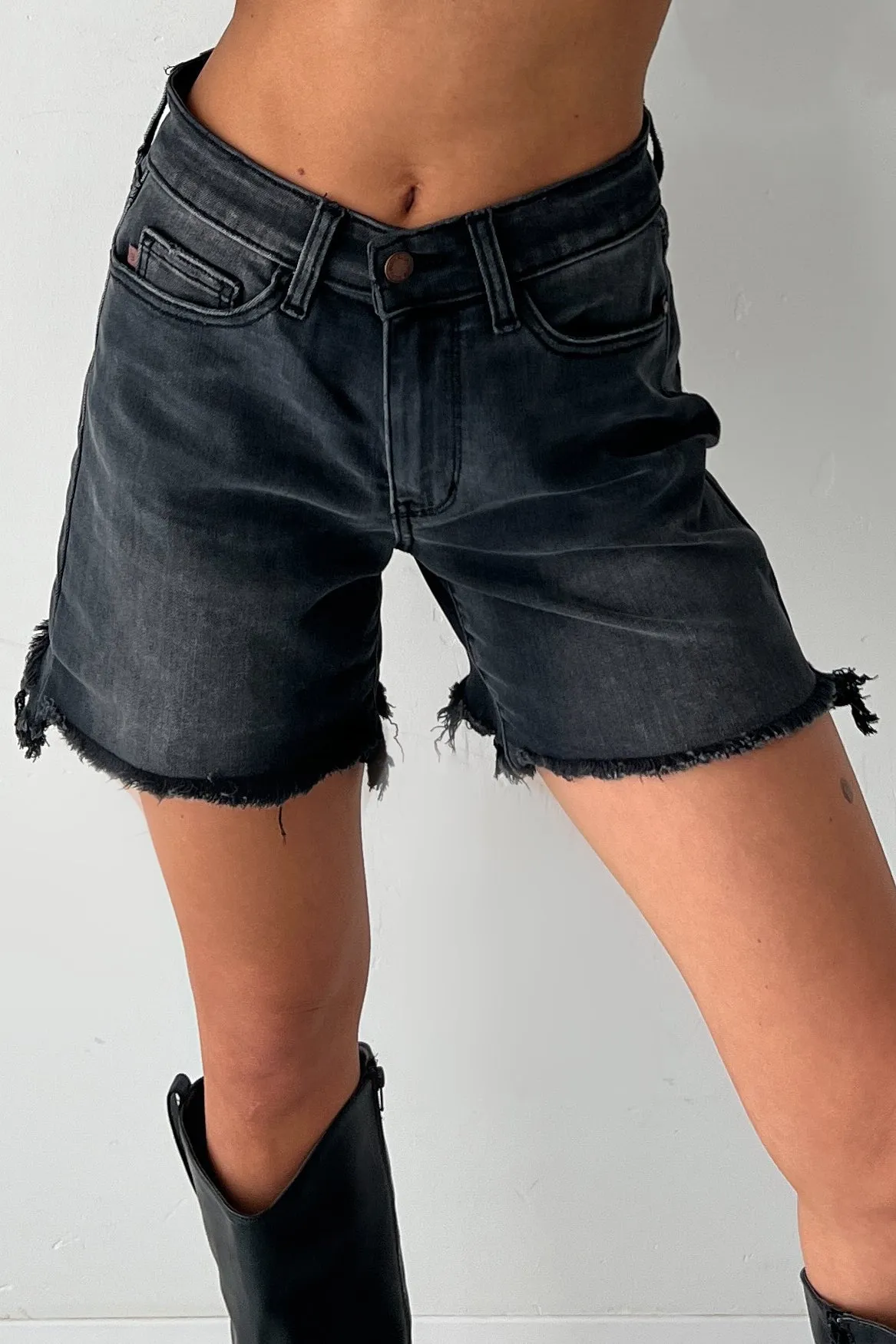 Quick Access Zip Pockets School Uniform Rhysand Mid Rise Judy Blue Cut Off Dad Shorts (Black)