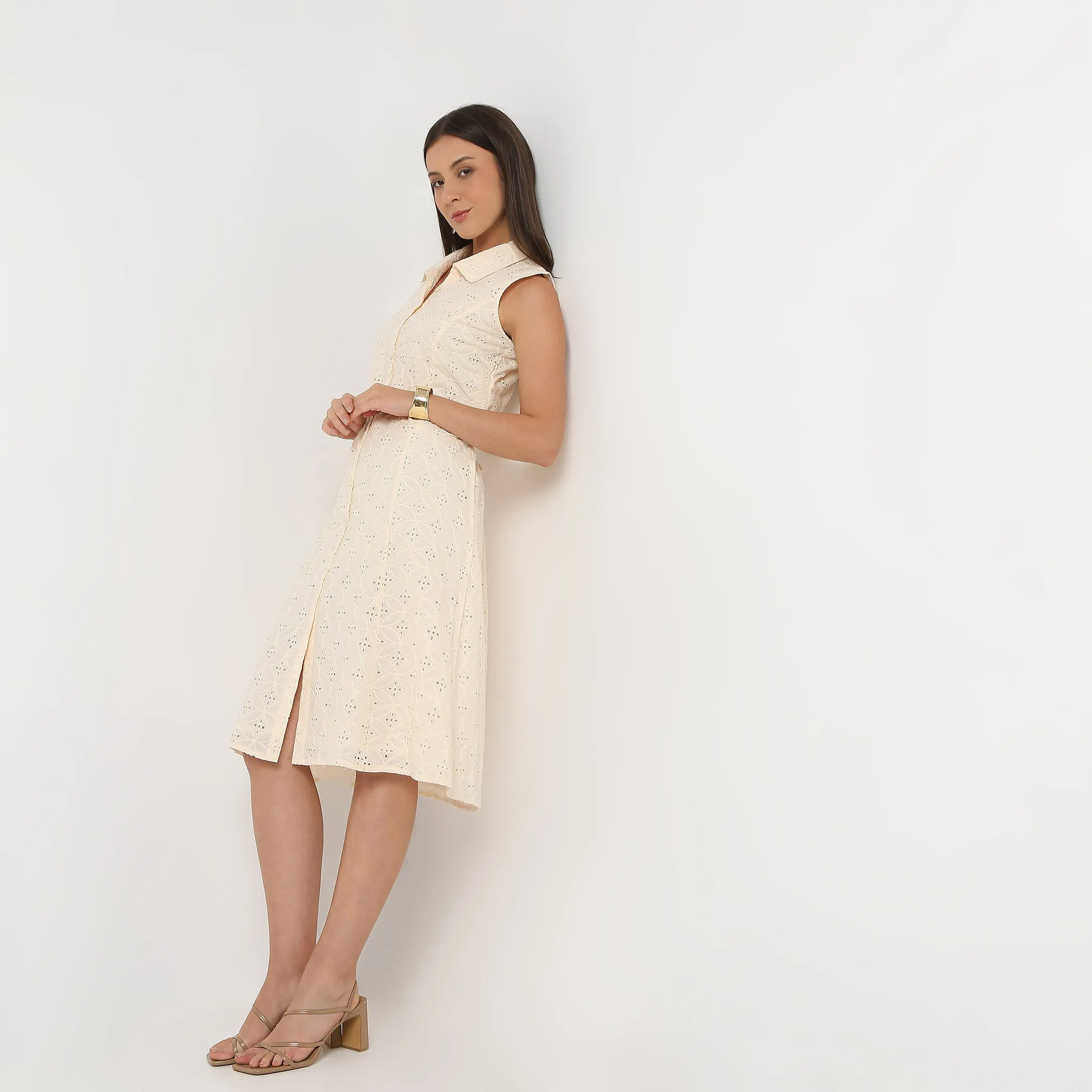 Below Knee Sleeveless Shirt Collar Schiffli Flare Fit Dress UltraSoft Texture Office Glam