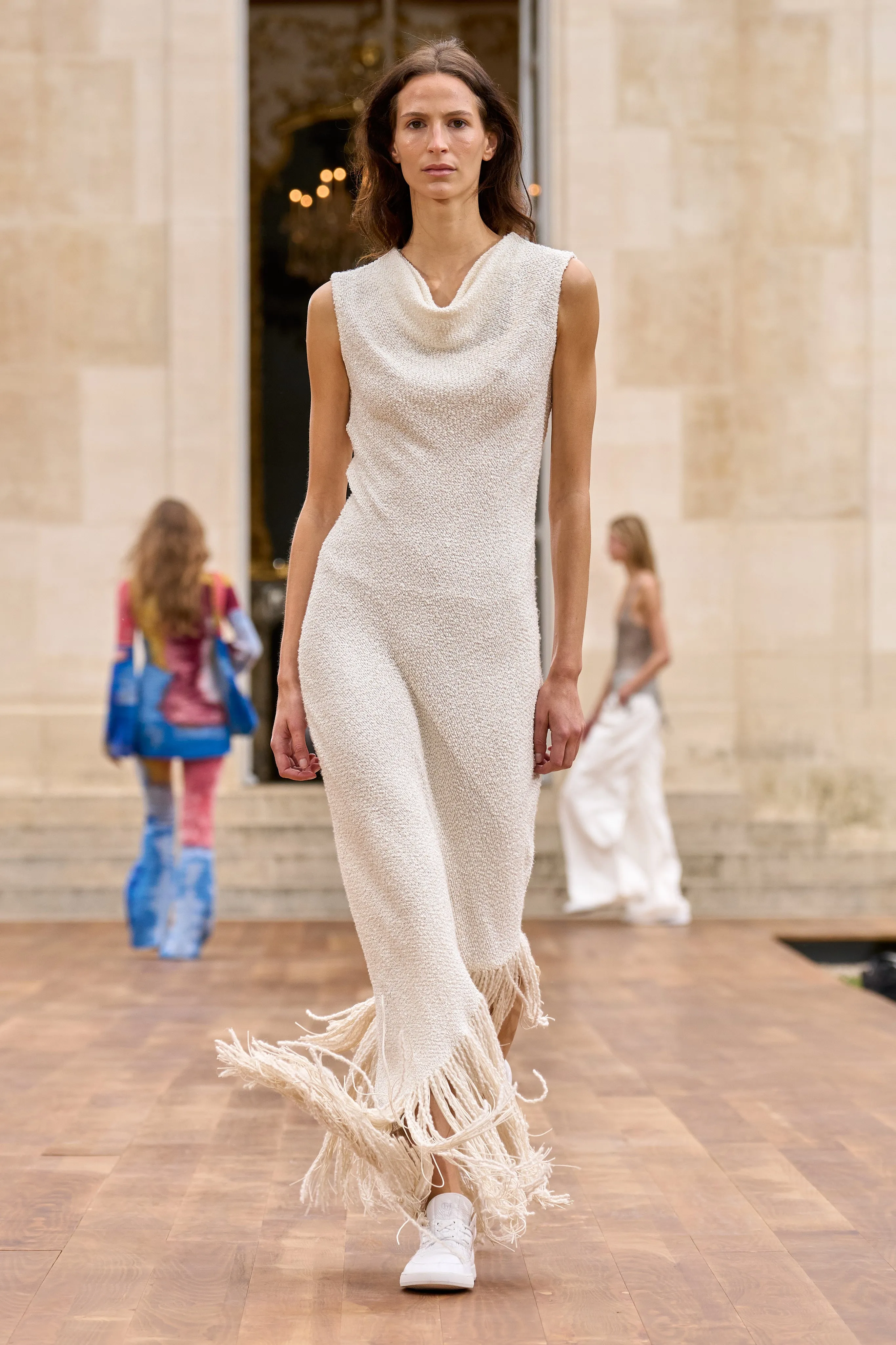 Awar Fringe Maxi Dress in Ivory Silk Boucle Flexible Material
