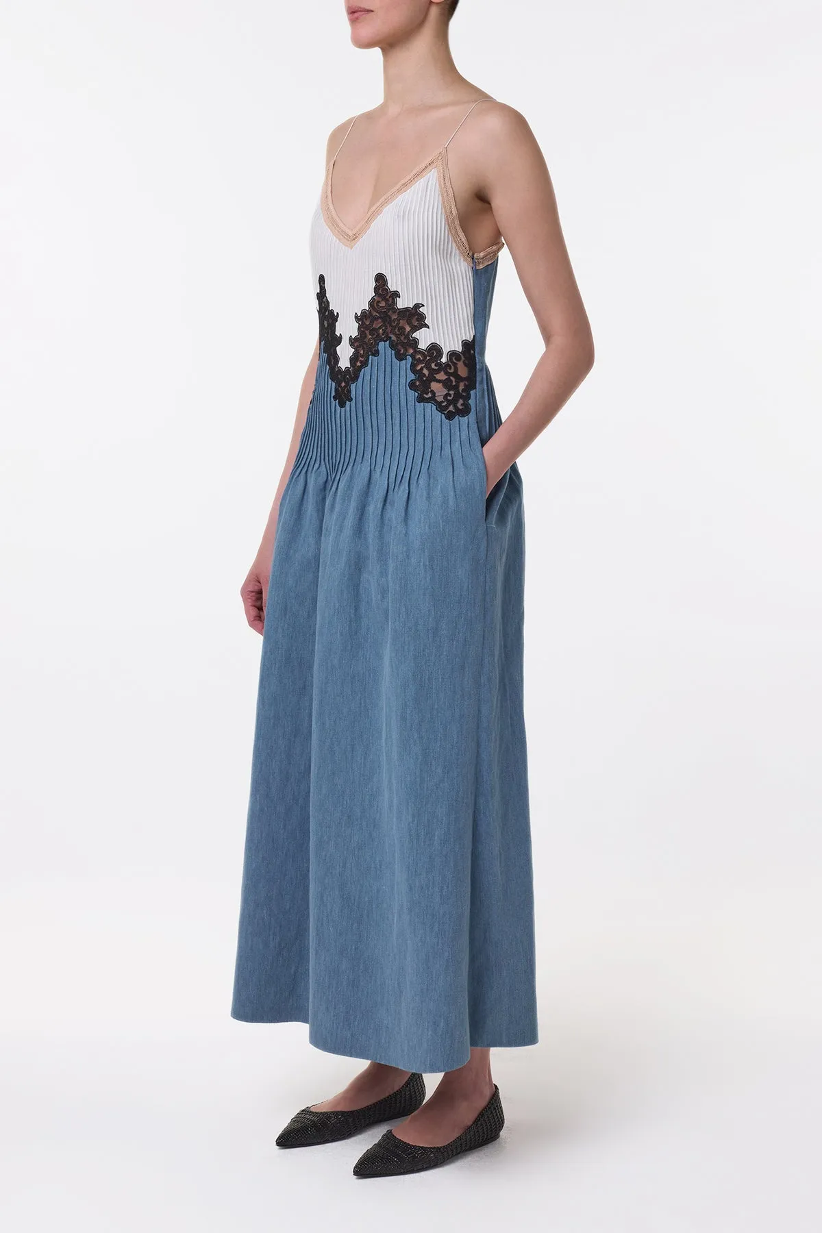 Althea Lace Slip Maxi Dress in Light Blue Recycled Cotton Linen Denim Flight Fit
