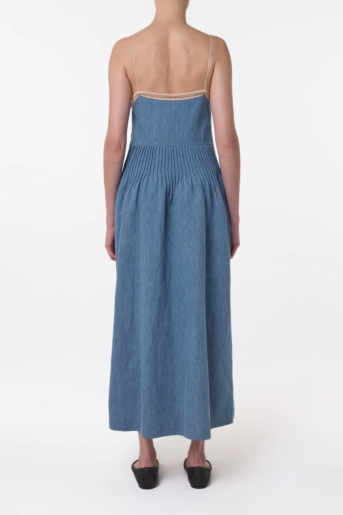 Hero Fit Althea Lace Slip Maxi Dress in Light Blue Recycled Cotton Linen Denim