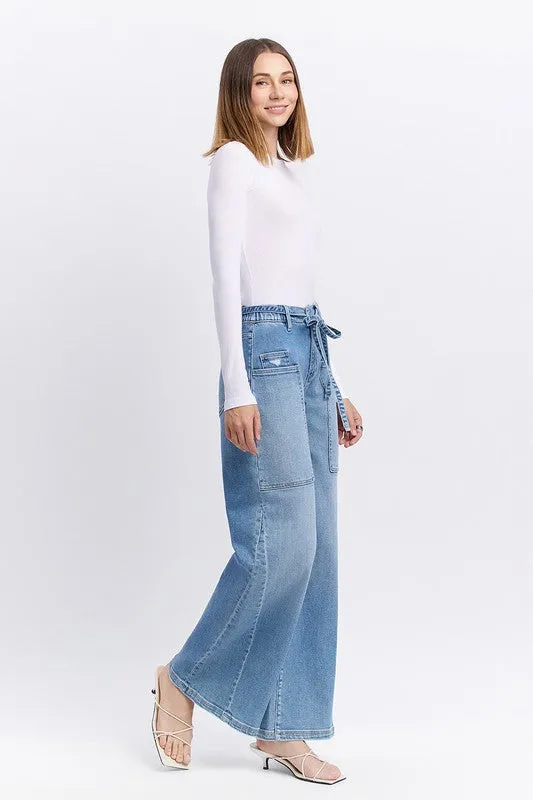 Flying Monkey Tie Waist Wide Leg Jean Jewel tone