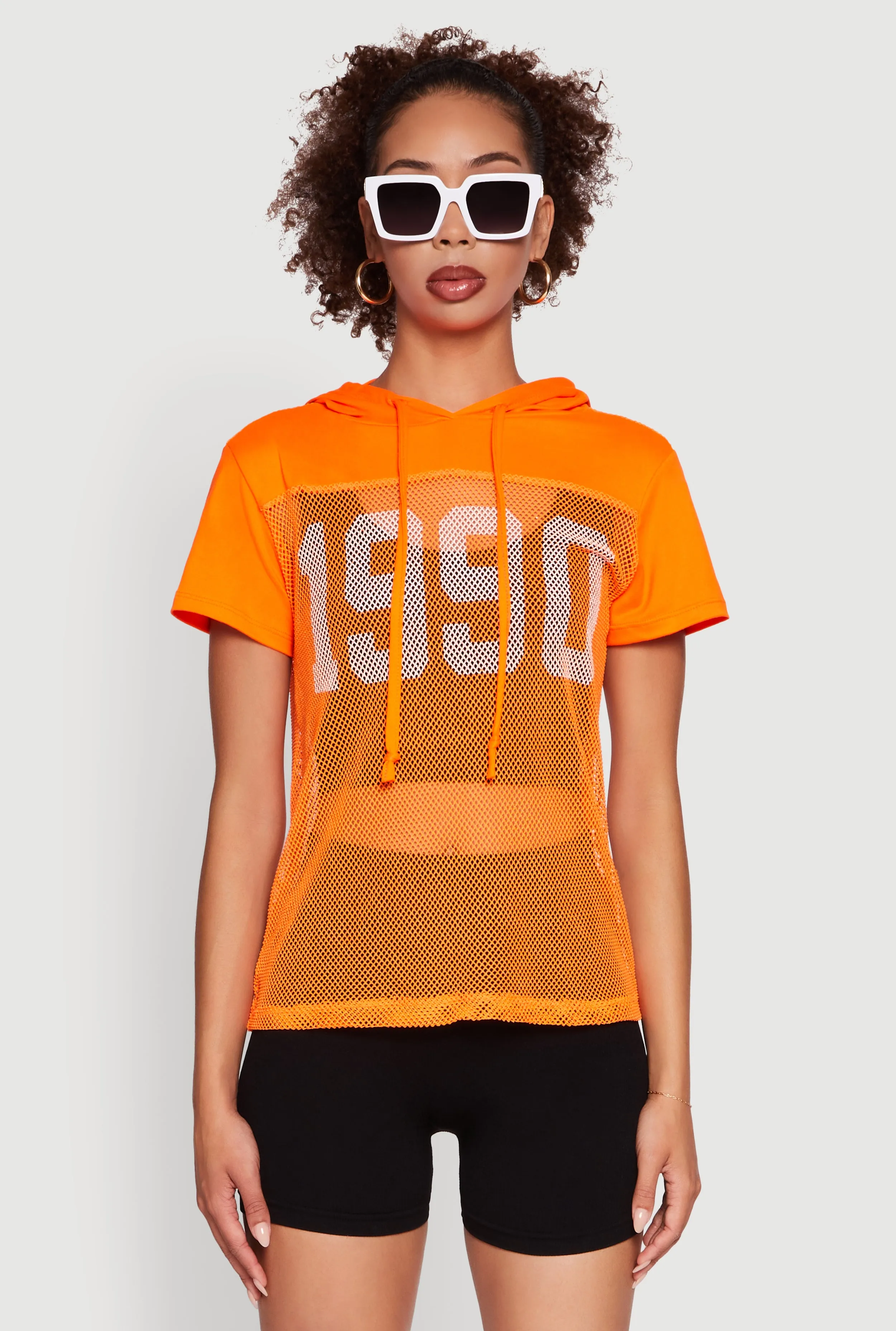 Printed uniqueness Cool Layering Fishnet 1990 Graphic Hooded Short Sleeve Top