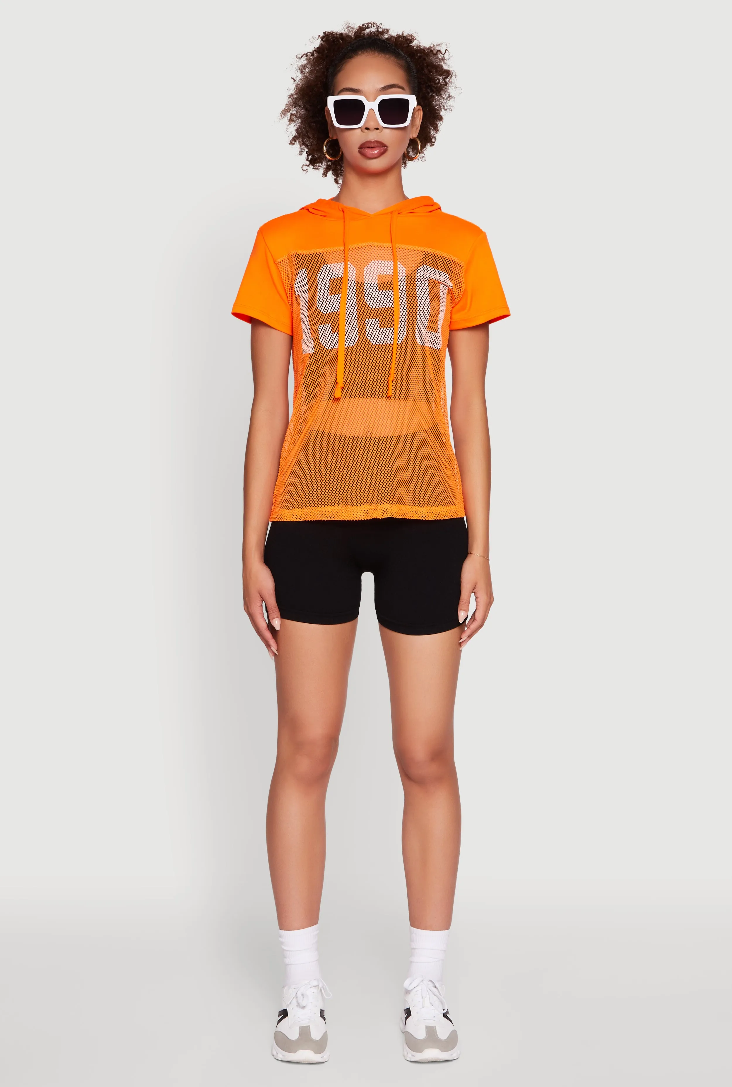Easy Look Fishnet 1990 Graphic Hooded Short Sleeve Top