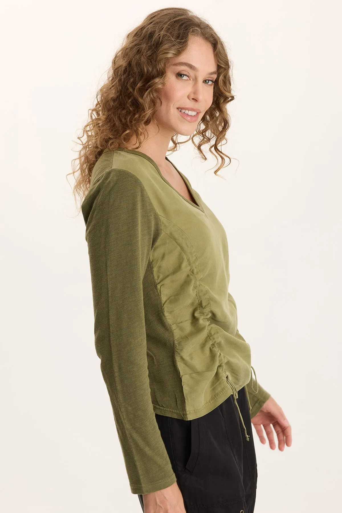Ketti Long Sleeve Twill/Jersey Ruched V-Neck Tagless Labeling