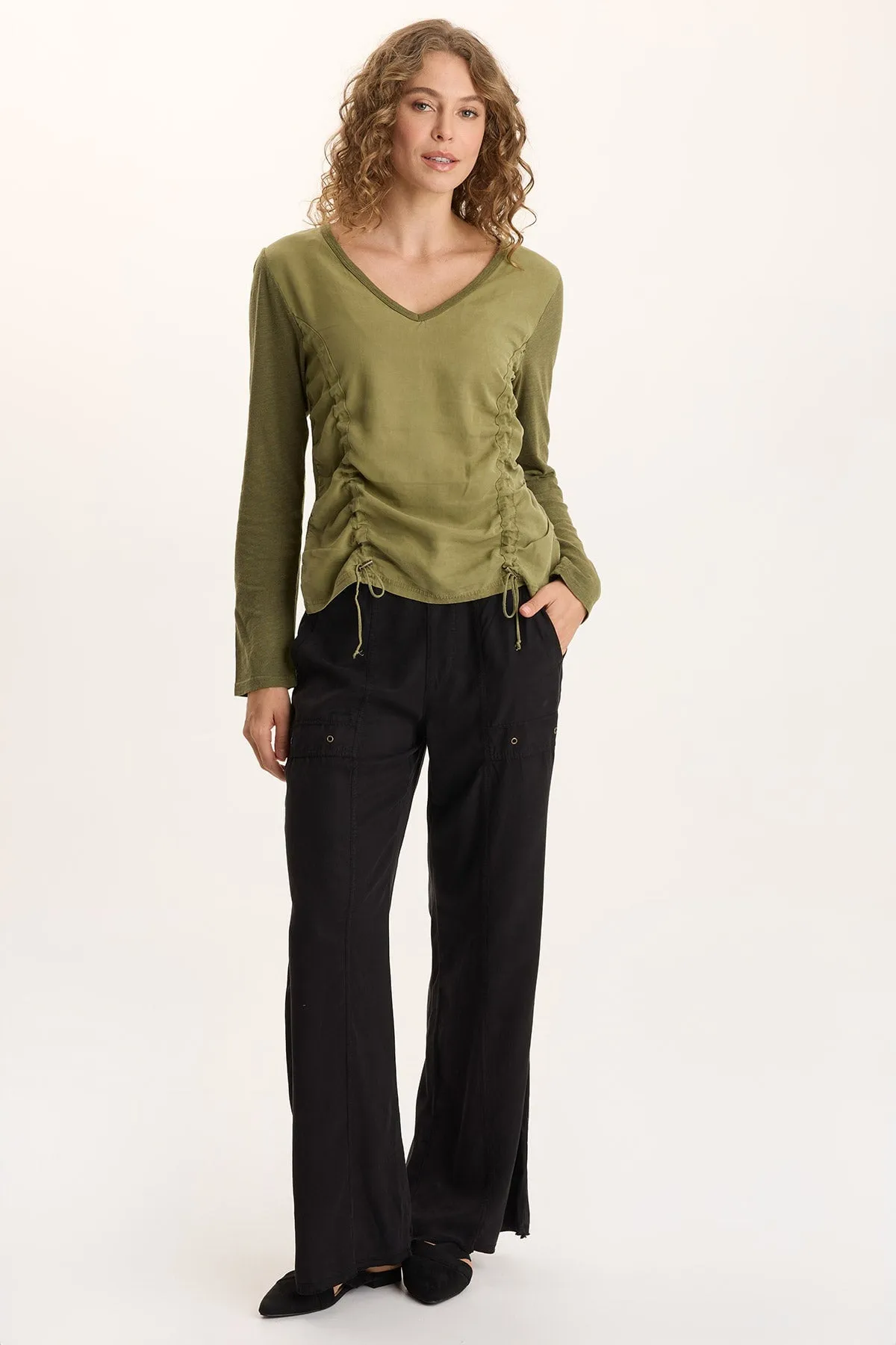 Ketti Long Sleeve Twill/Jersey Ruched V-Neck Wind Ease