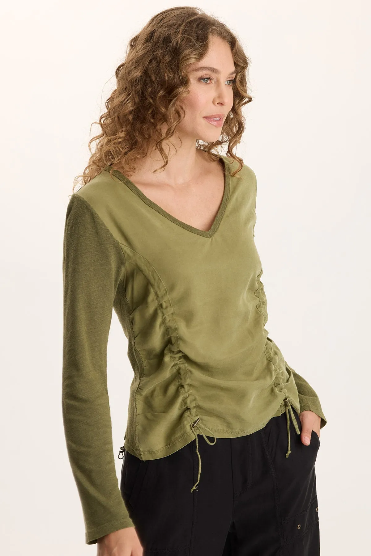 Ketti Long Sleeve Twill/Jersey Ruched V-Neck Joyful Mood