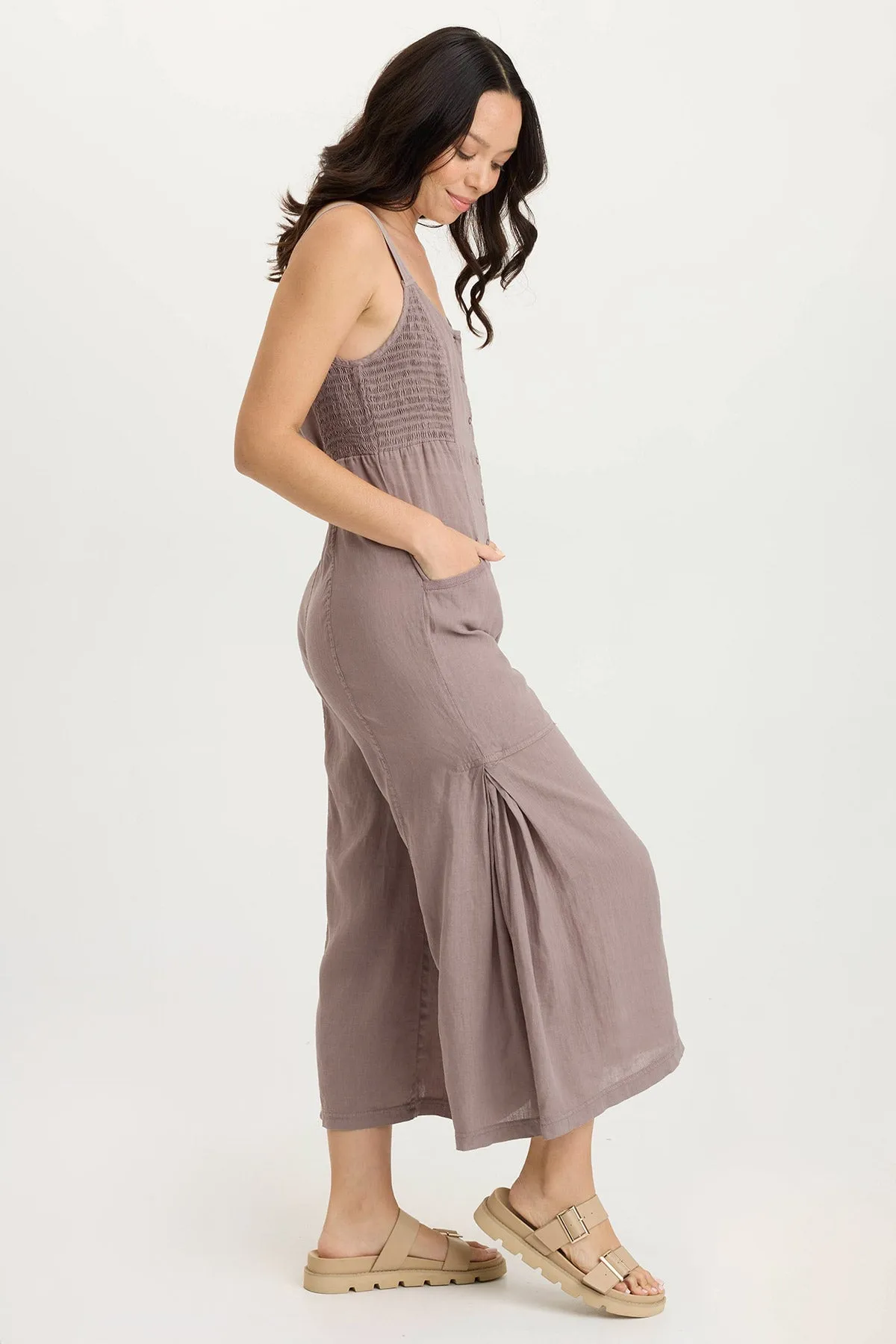 Leoda Linen Snap-Up Jumpsuit Adjustable Straps