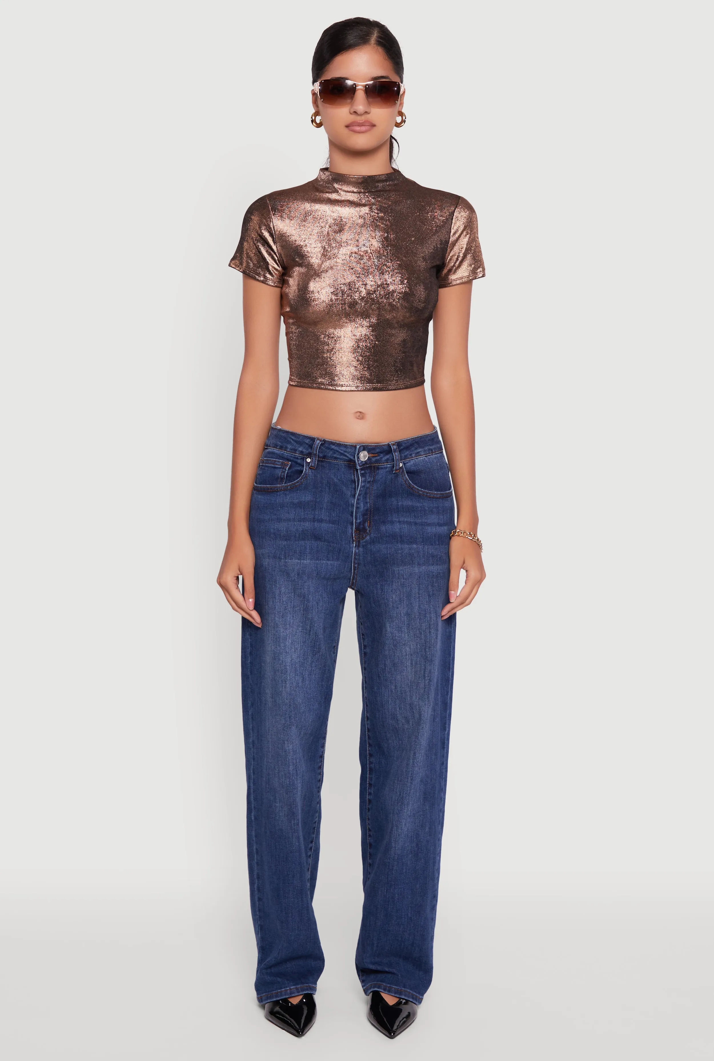 birthday party Metallic Short Sleeve Crop Top