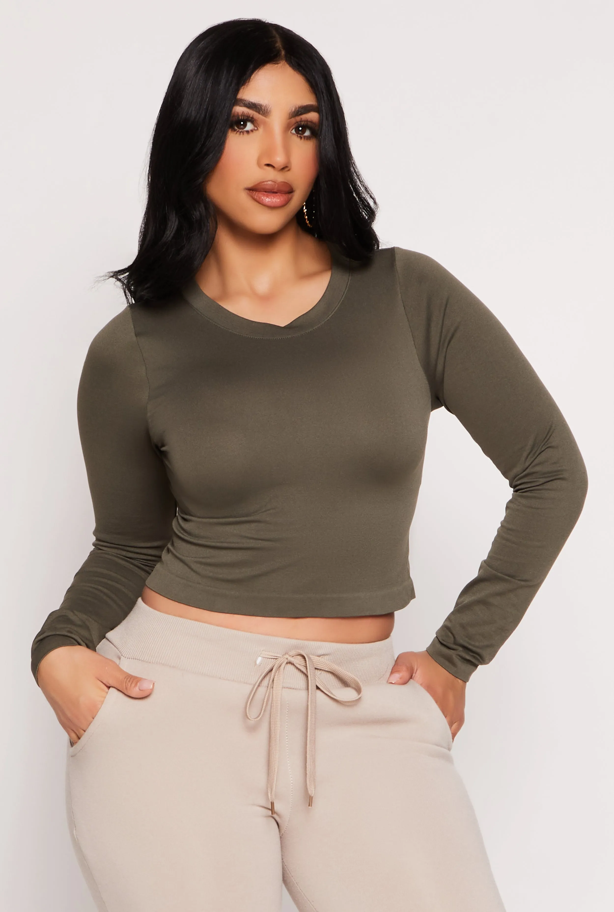Seamless Long Sleeve Crop Top Cool Style Collared formality