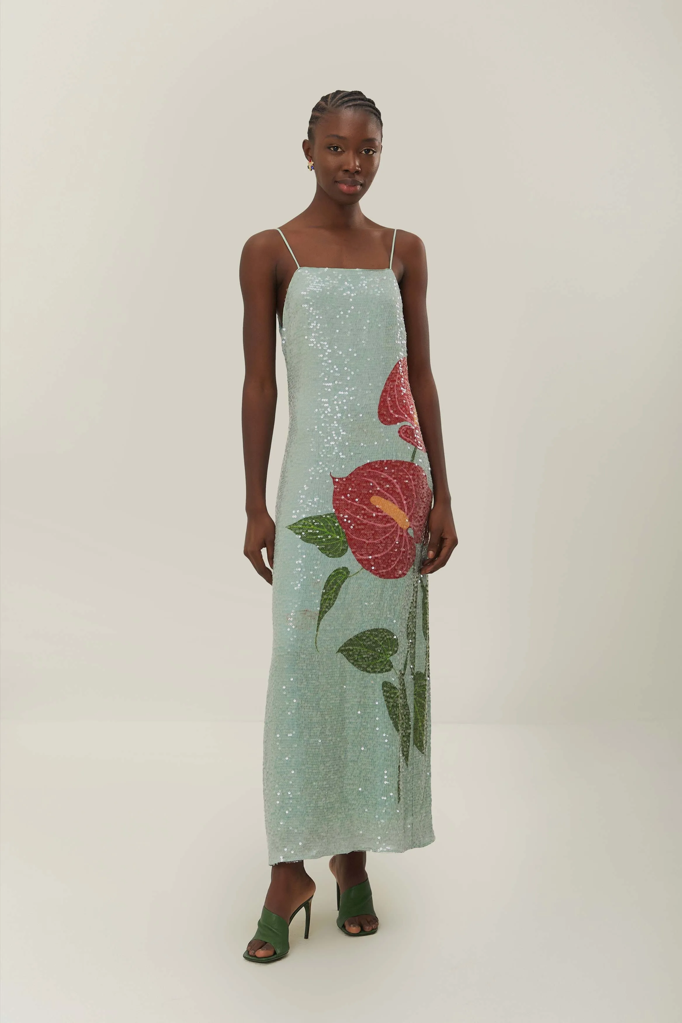 Wool Glow Blue Anthurium Flowers Slip Maxi Dress