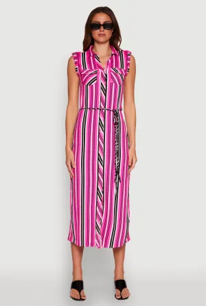 Azure Tide Sleeveless Striped Shirt Dress