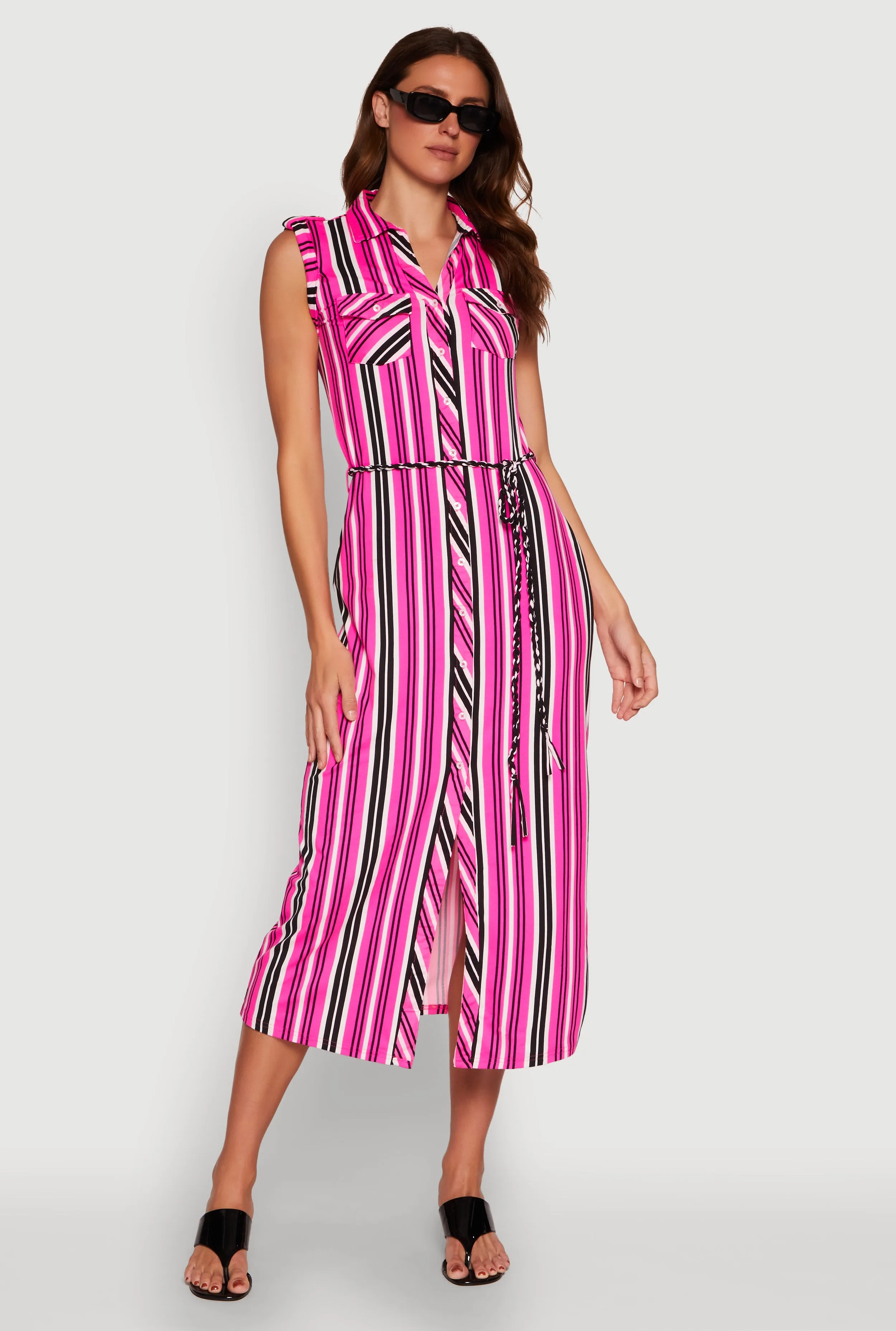 Evening party maxi Sleeveless Striped Shirt Dress