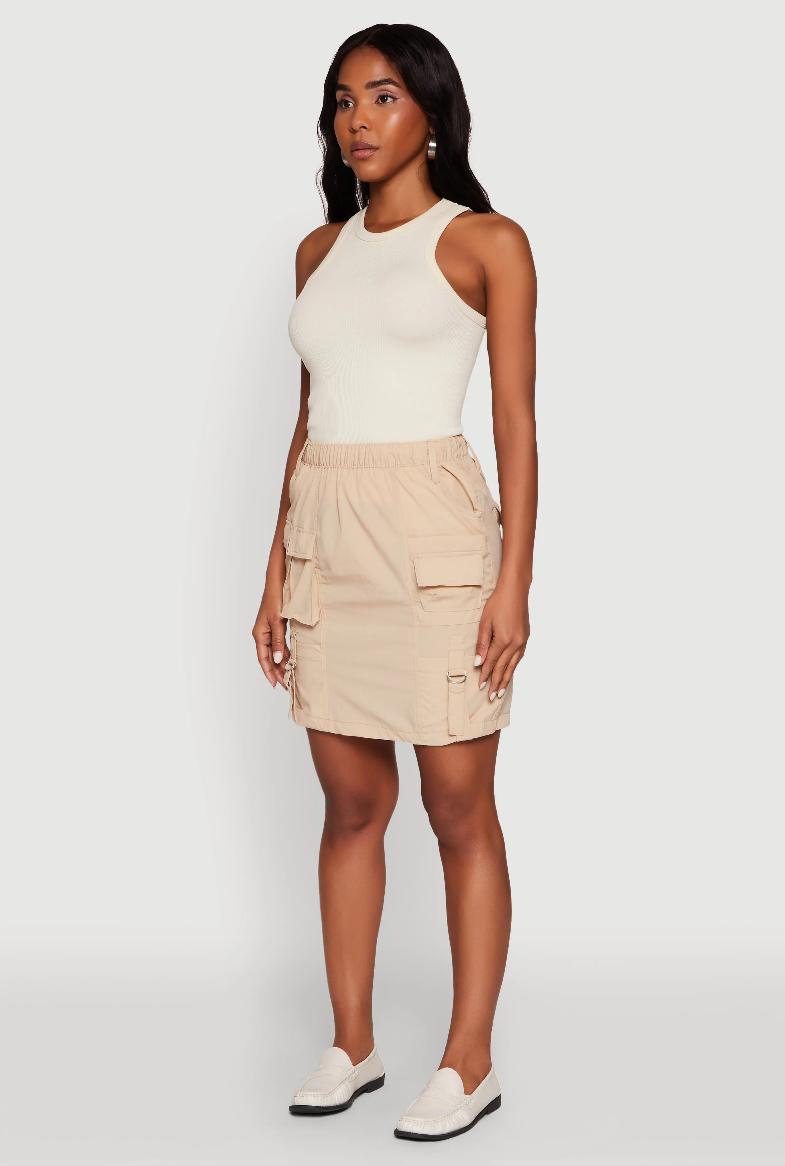 Subtle Mood Statement Color Nylon Tabbed Cargo Mini Skirt