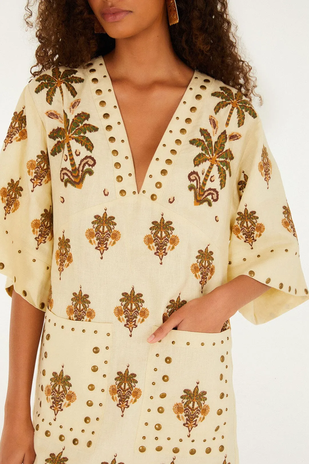 Vibrant Chic Wear Sand Coconut Tree Tapestry Euroflax? Premium Linen Mini Dress