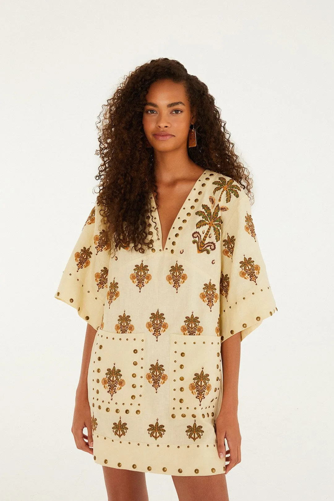 Sand Coconut Tree Tapestry Euroflax? Premium Linen Mini Dress Flattering Silhouette Urban Bold