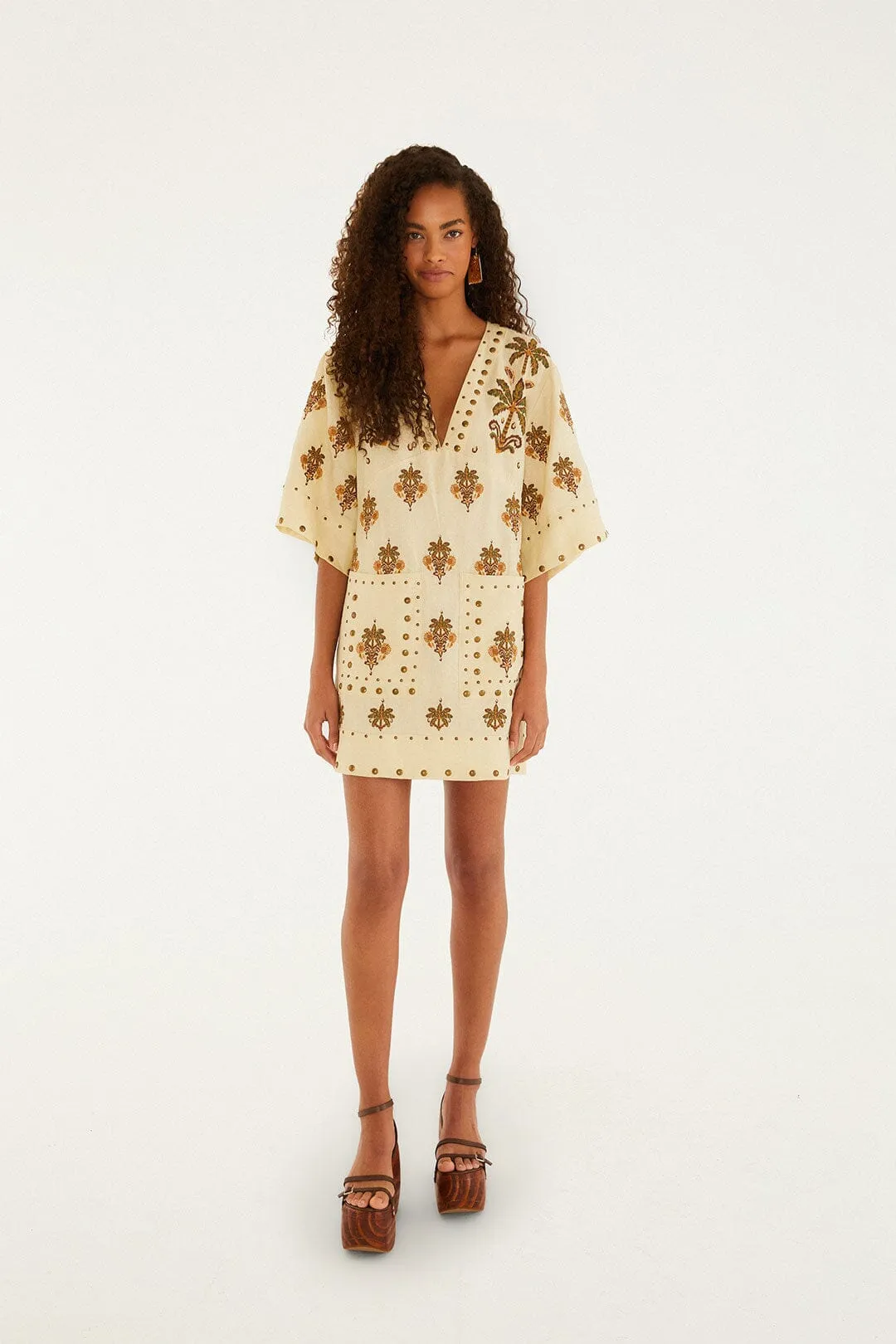 Fresh Vibe Sand Coconut Tree Tapestry Euroflax? Premium Linen Mini Dress