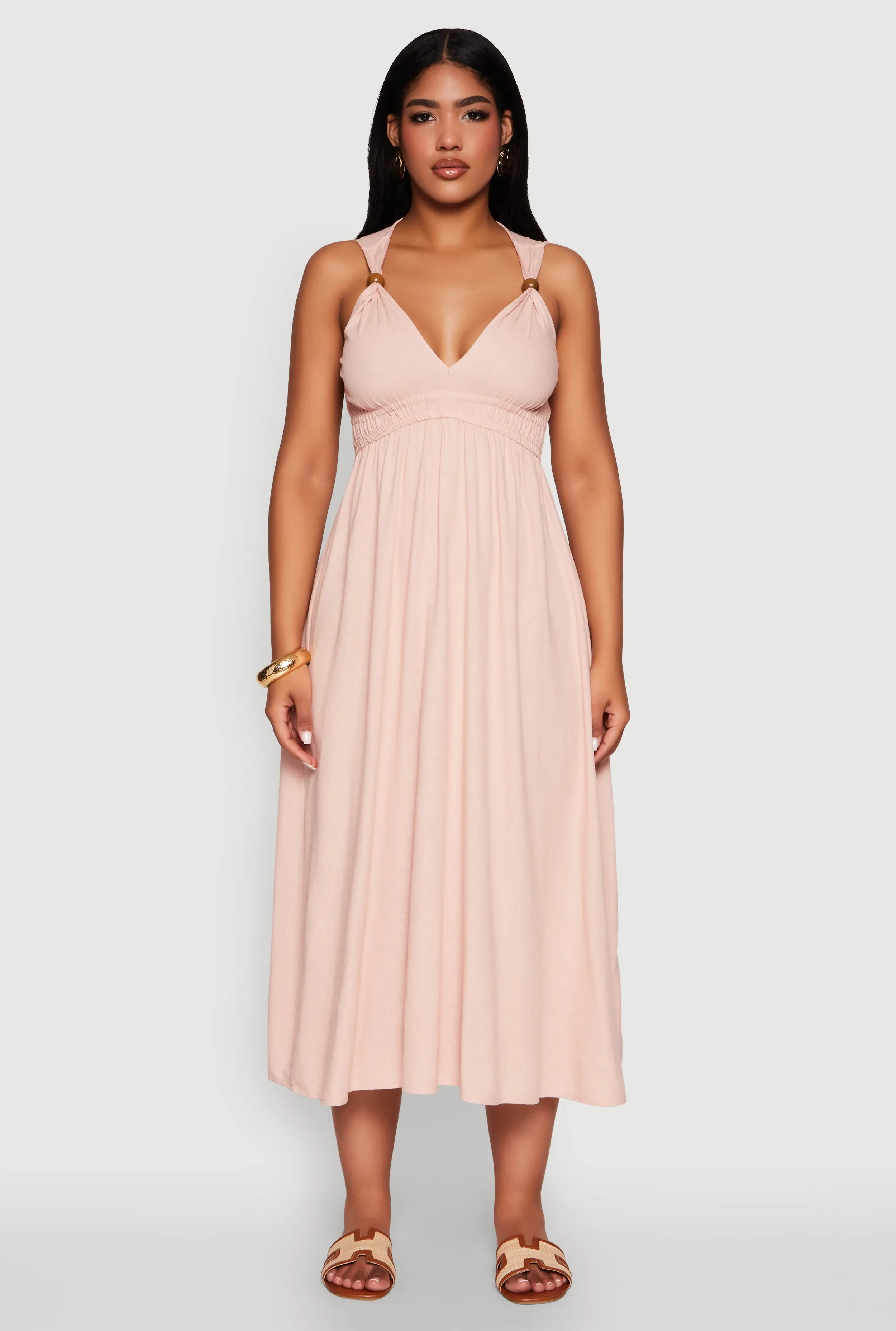 Haute Monde Linen Wood Beaded Strap Sundress The versatile nature of this maxi dress allows for a range of styling possibilities from casual to chic Lamp Glow