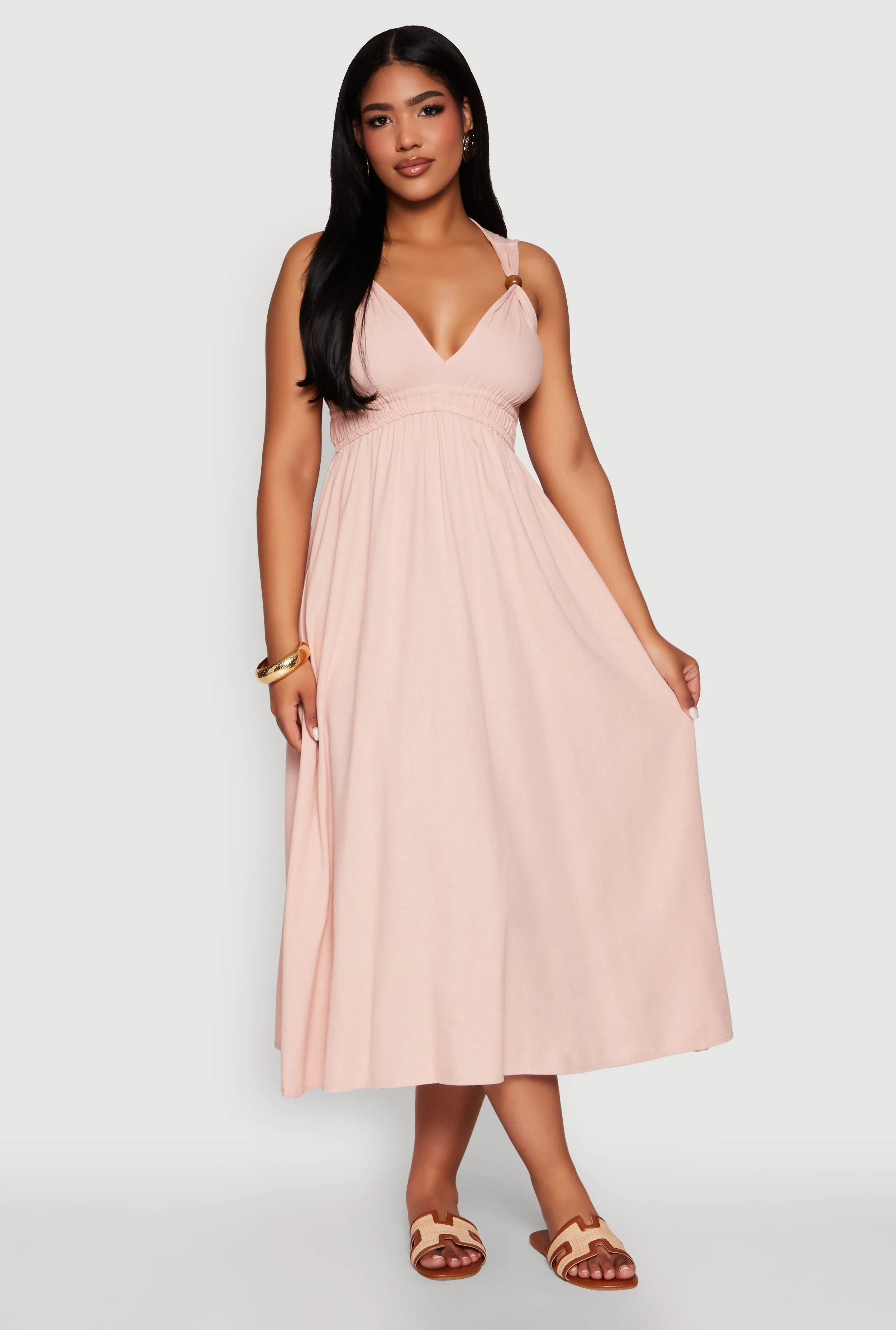 Haute Monde Linen Wood Beaded Strap Sundress The dress??s versatile design allows you to wear it for work, weekend outings, or evening events Nickel Glow