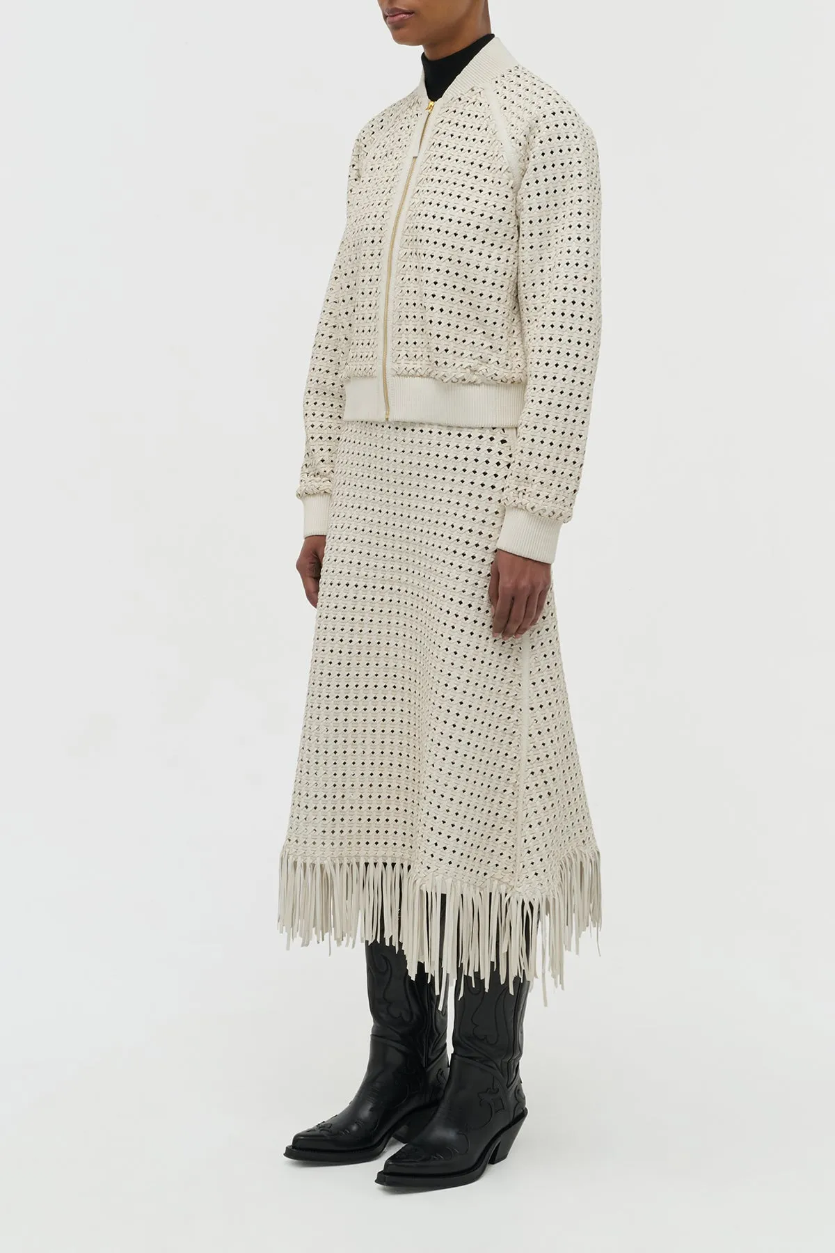 Daily Style FadeResistantColors Bennie Midi Skirt in White Woven Leather