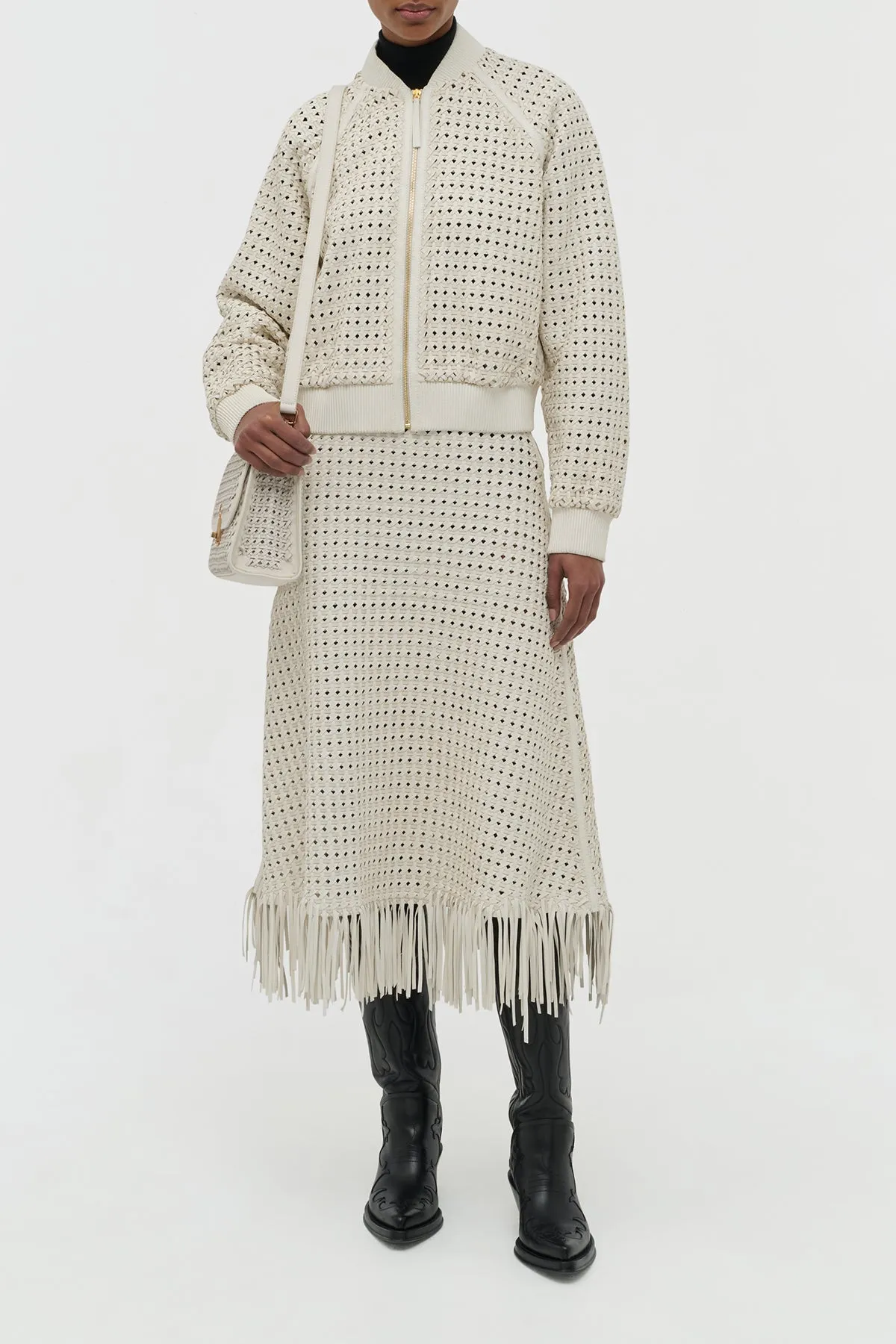 Curvy Fit Bennie Midi Skirt in White Woven Leather