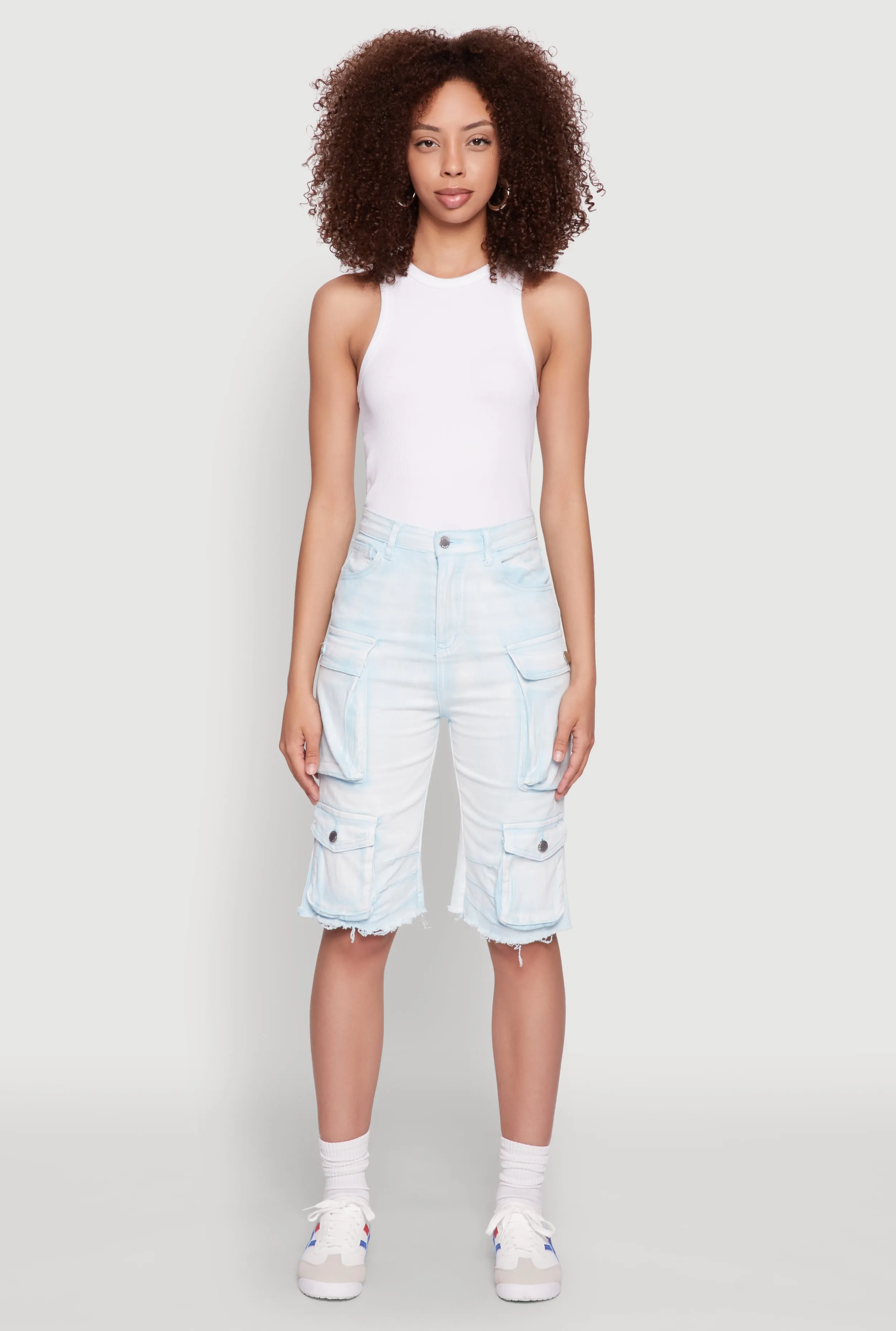 Daisy Acid Wash Raw Hem Utility Bermuda Shorts Stain Release Finish Clean Finish