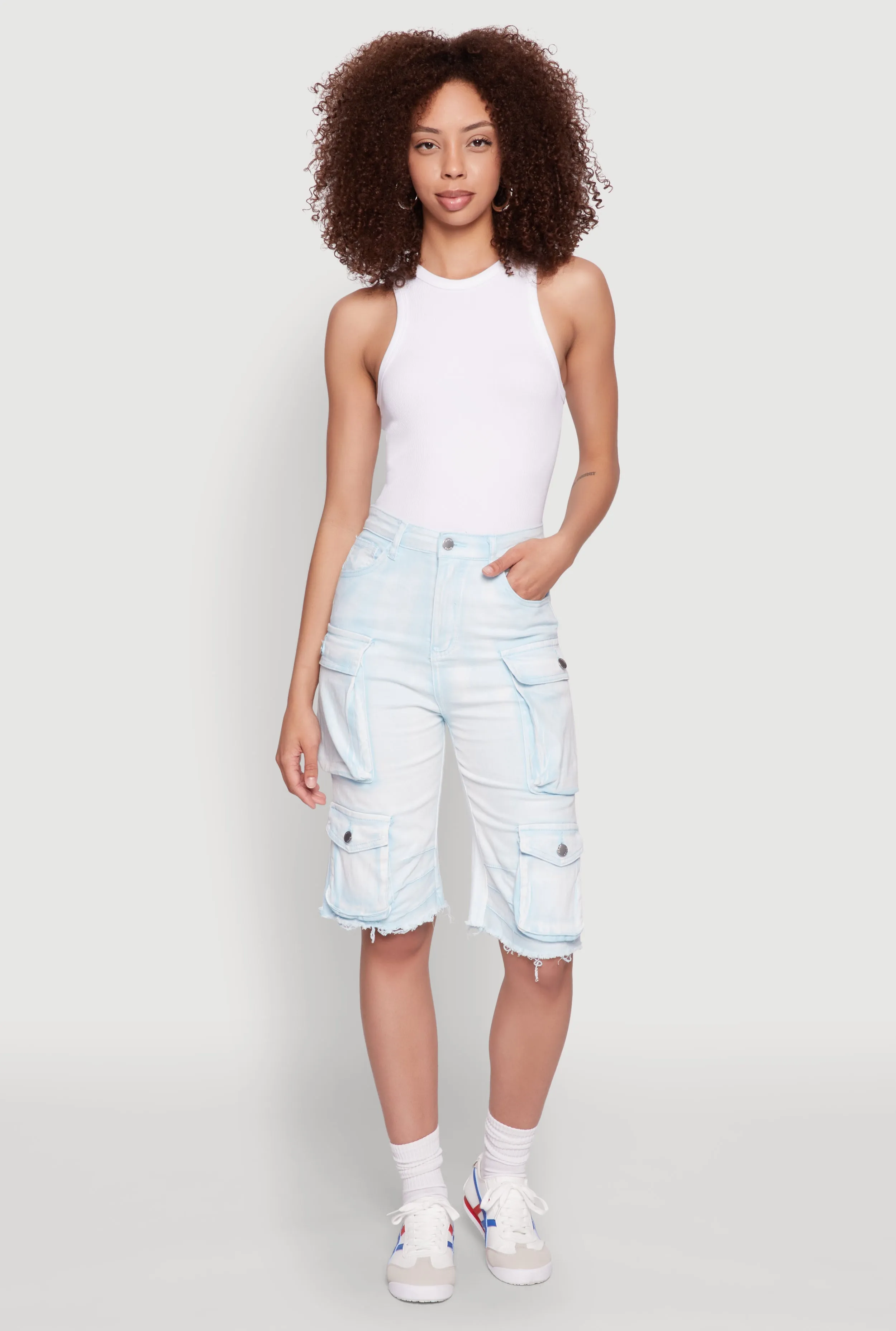Athletic Wear Daisy Acid Wash Raw Hem Utility Bermuda Shorts