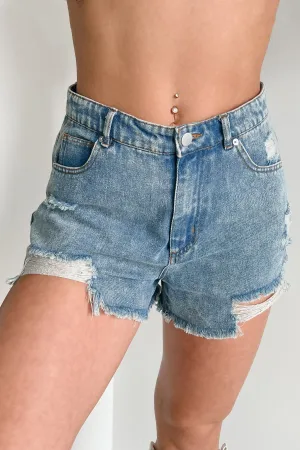Avril High Rise Distressed Denim Shorts (Light Denim) No Ride Up Silicone Grip