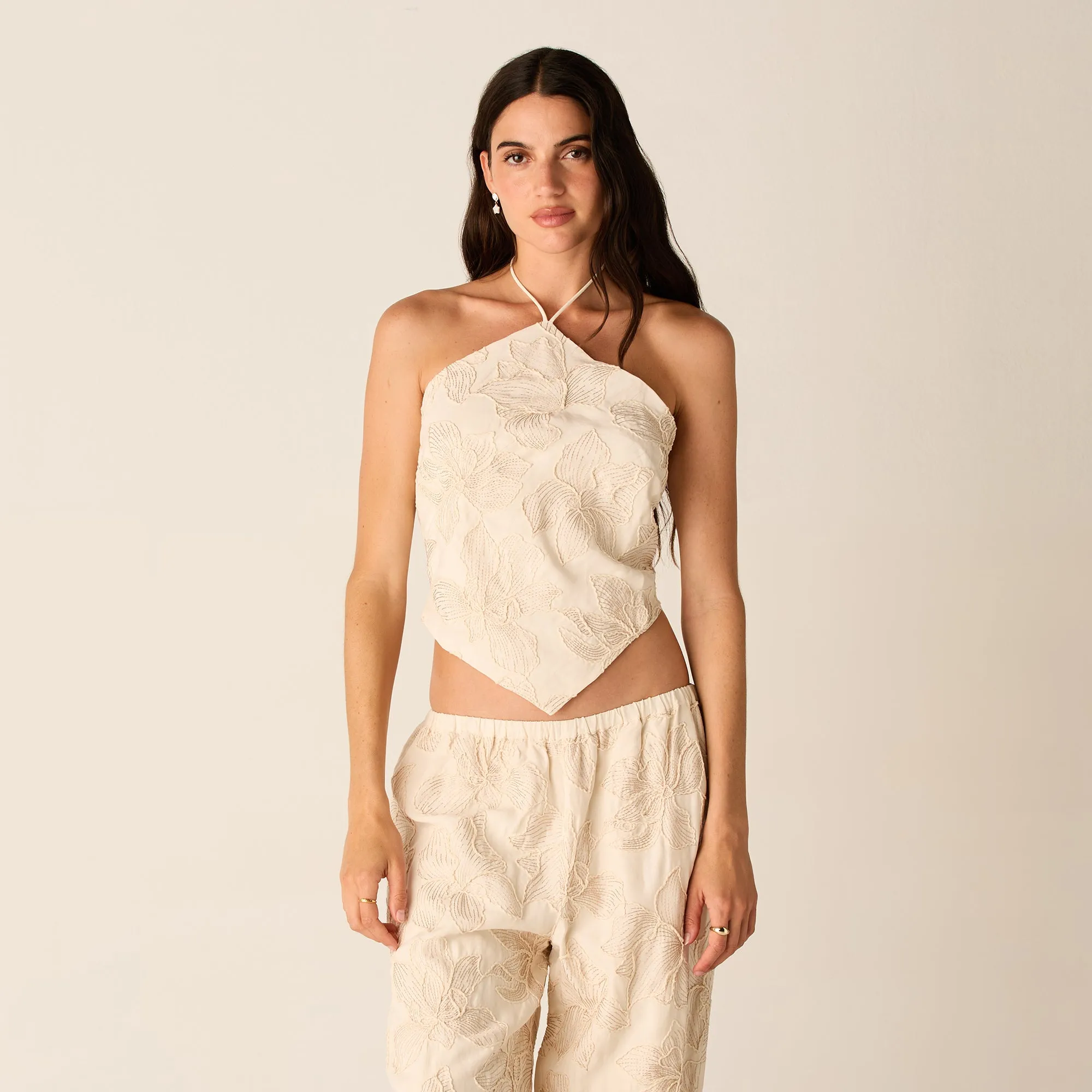Kith Women Kumi Floral Embroidered Halter - Sandrift Quick Release Zipper Friction Reducing Lining